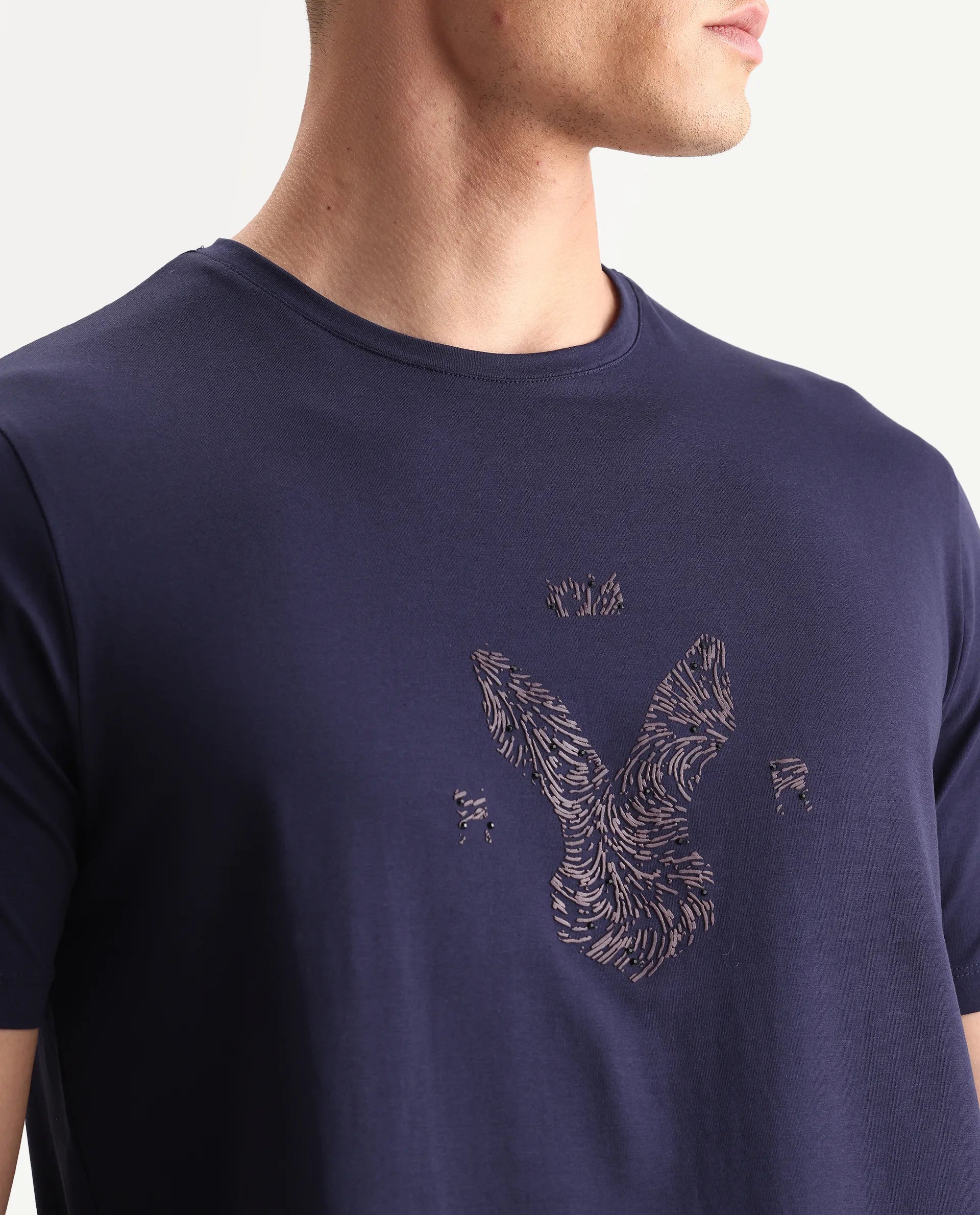 Rare Rabbit Men's Rudi Dark Navy Cotton Blend Graphic Print Regular Fit Half Sleeve Crew Neck T-Shirt