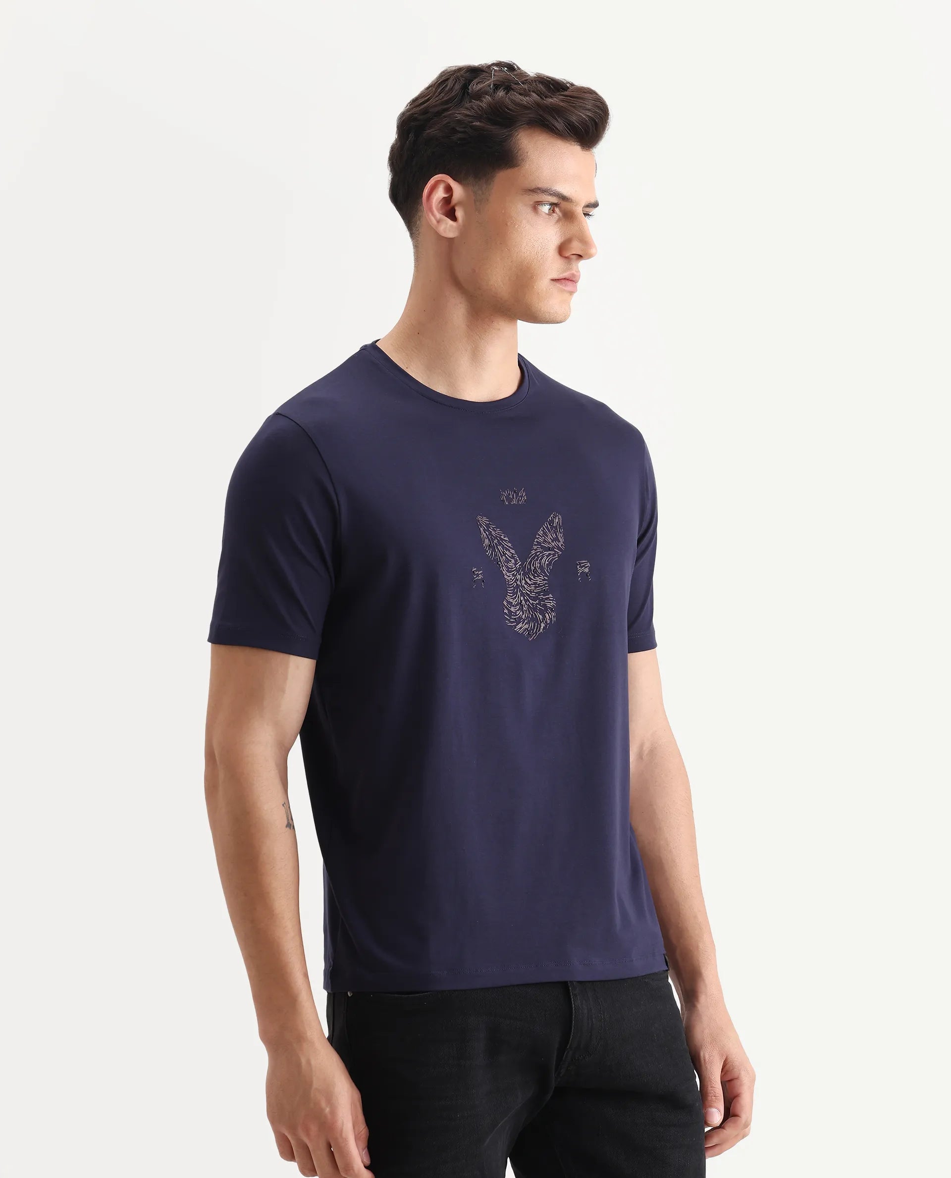 Rare Rabbit Men's Rudi Dark Navy Cotton Blend Graphic Print Regular Fit Half Sleeve Crew Neck T-Shirt