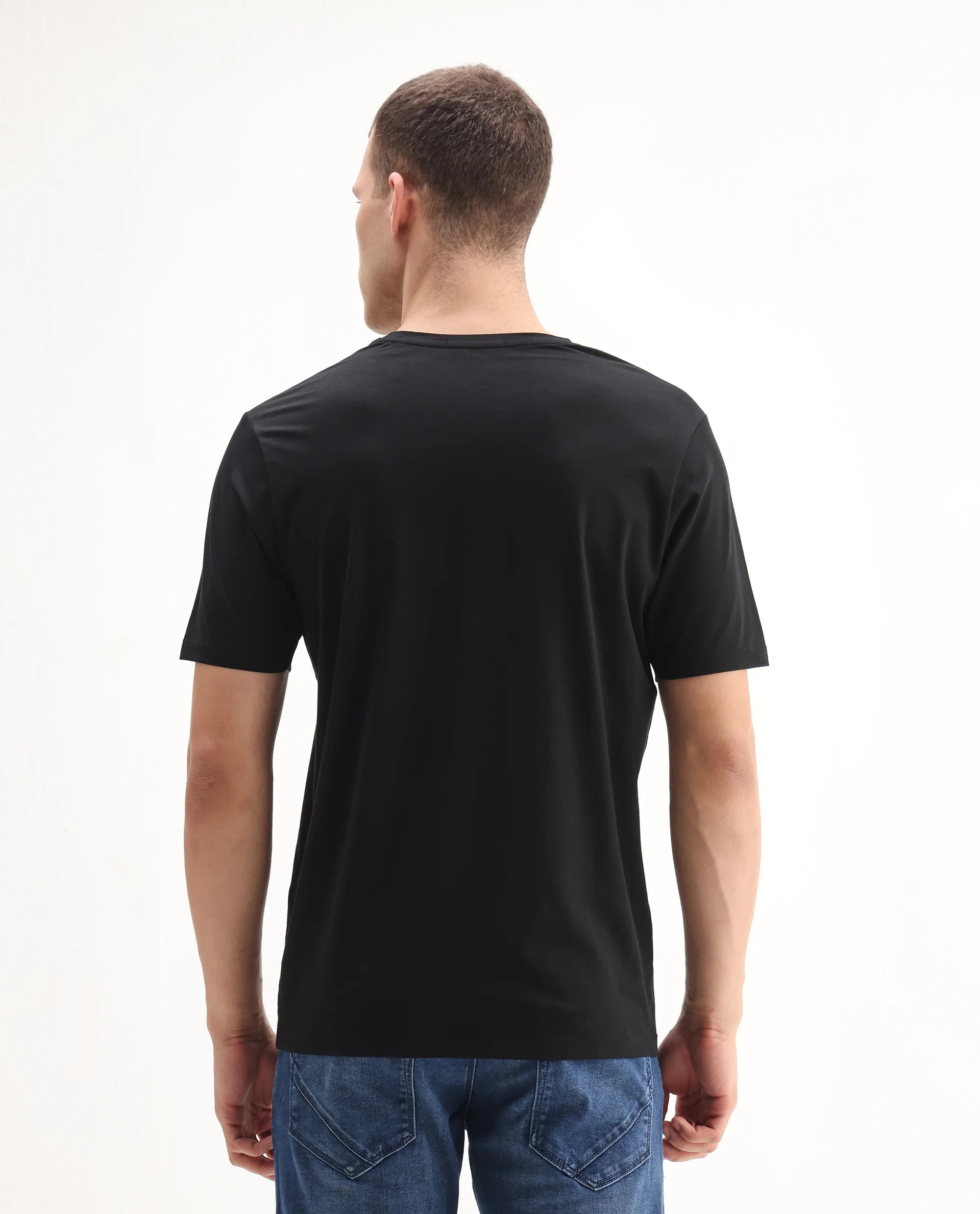 Rare Rabbit Men's Rudi Black Cotton Blend Graphic Print Regular Fit Half Sleeve Crew Neck T-Shirt
