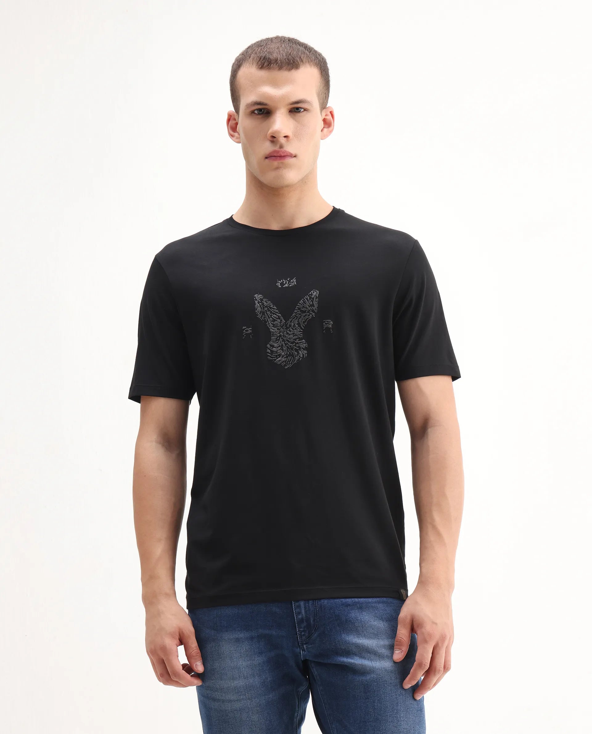 Rare Rabbit Men's Rudi Black Cotton Blend Graphic Print Regular Fit Half Sleeve Crew Neck T-Shirt