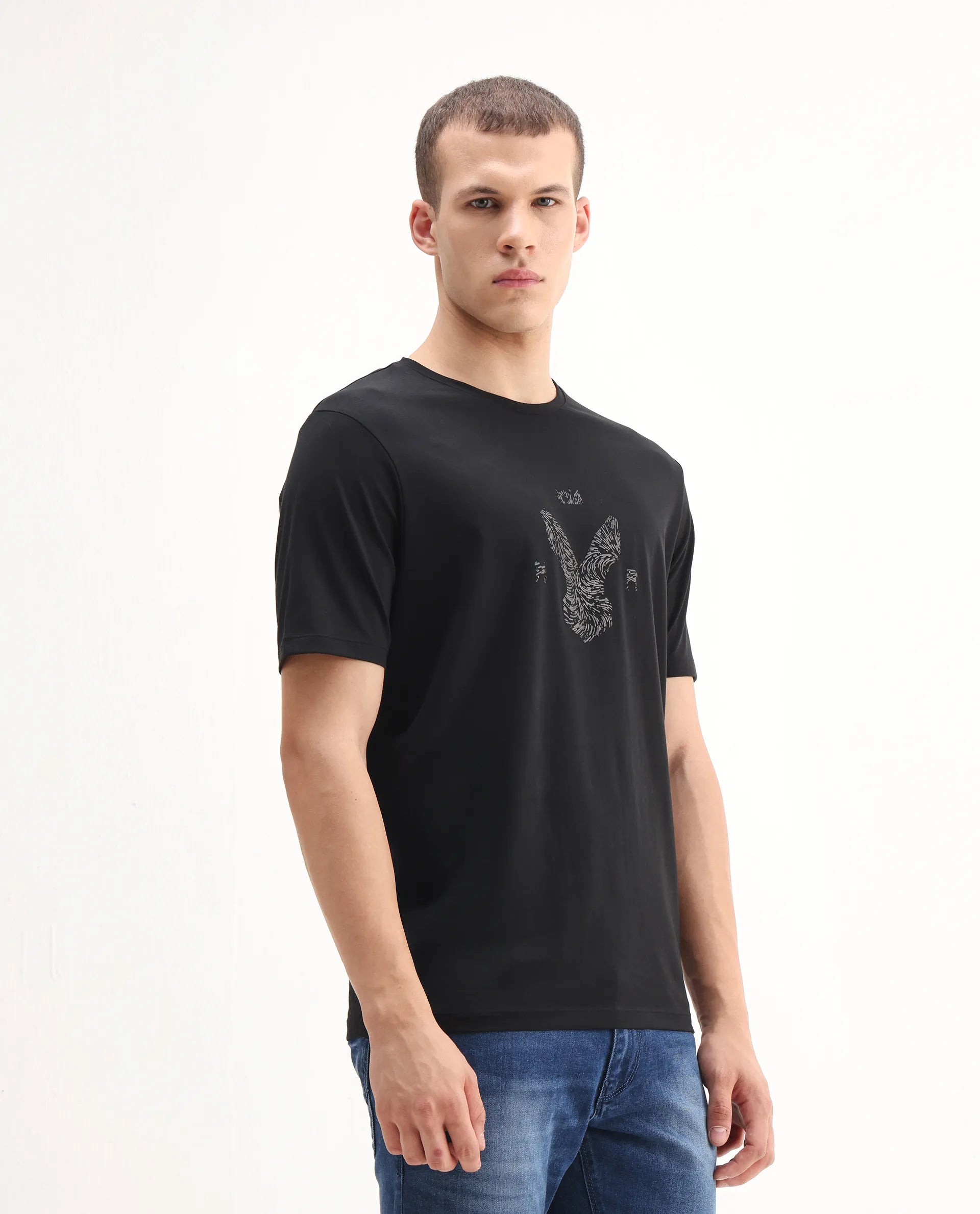 Rare Rabbit Men's Rudi Black Cotton Blend Graphic Print Regular Fit Half Sleeve Crew Neck T-Shirt