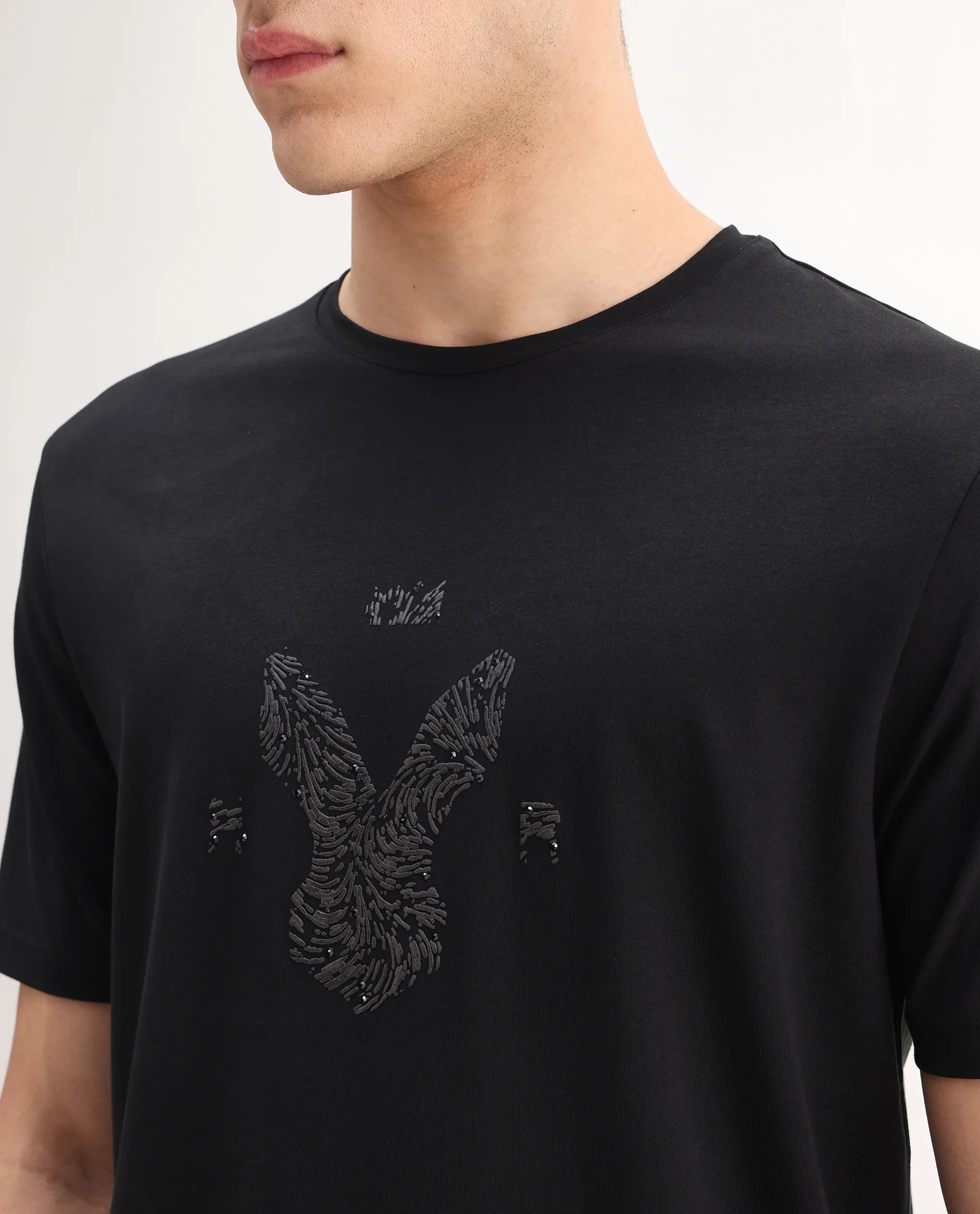 Rare Rabbit Men's Rudi Black Cotton Blend Graphic Print Regular Fit Half Sleeve Crew Neck T-Shirt