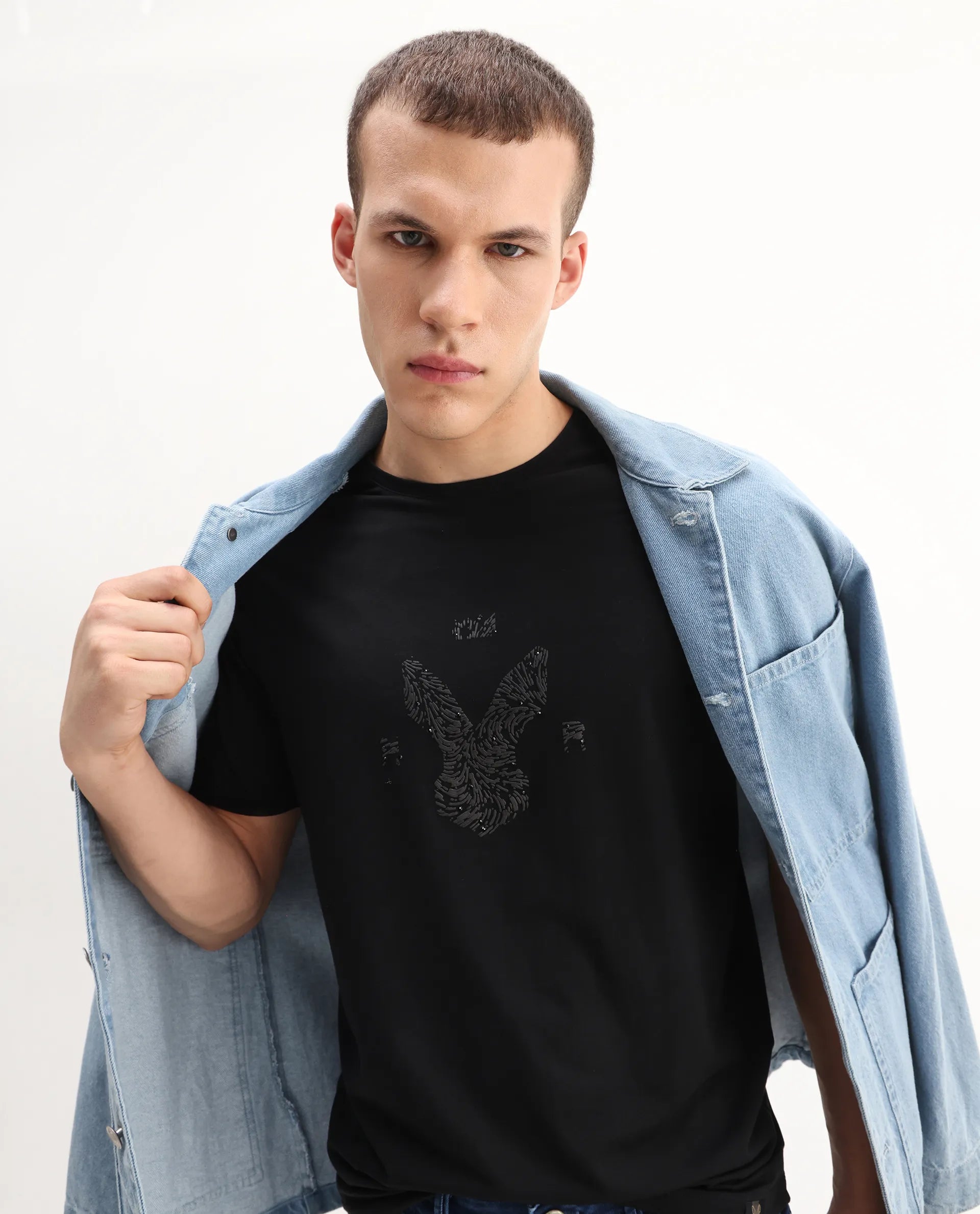 Rare Rabbit Men's Rudi Black Cotton Blend Graphic Print Regular Fit Half Sleeve Crew Neck T-Shirt