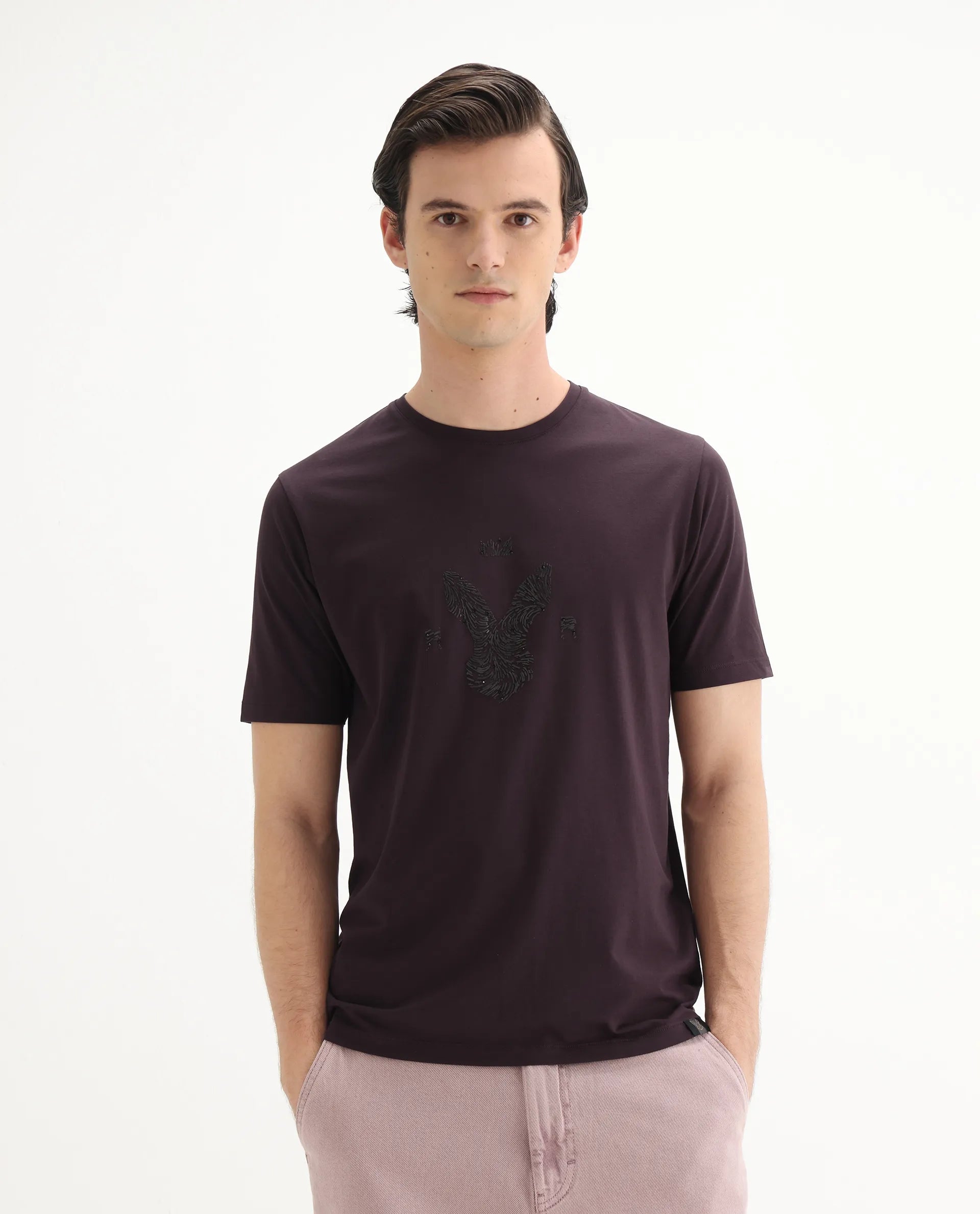 Rare Rabbit Men's Rudi Dark Brown Cotton Blend Graphic Print Regular Fit Half Sleeve Crew Neck T-Shirt