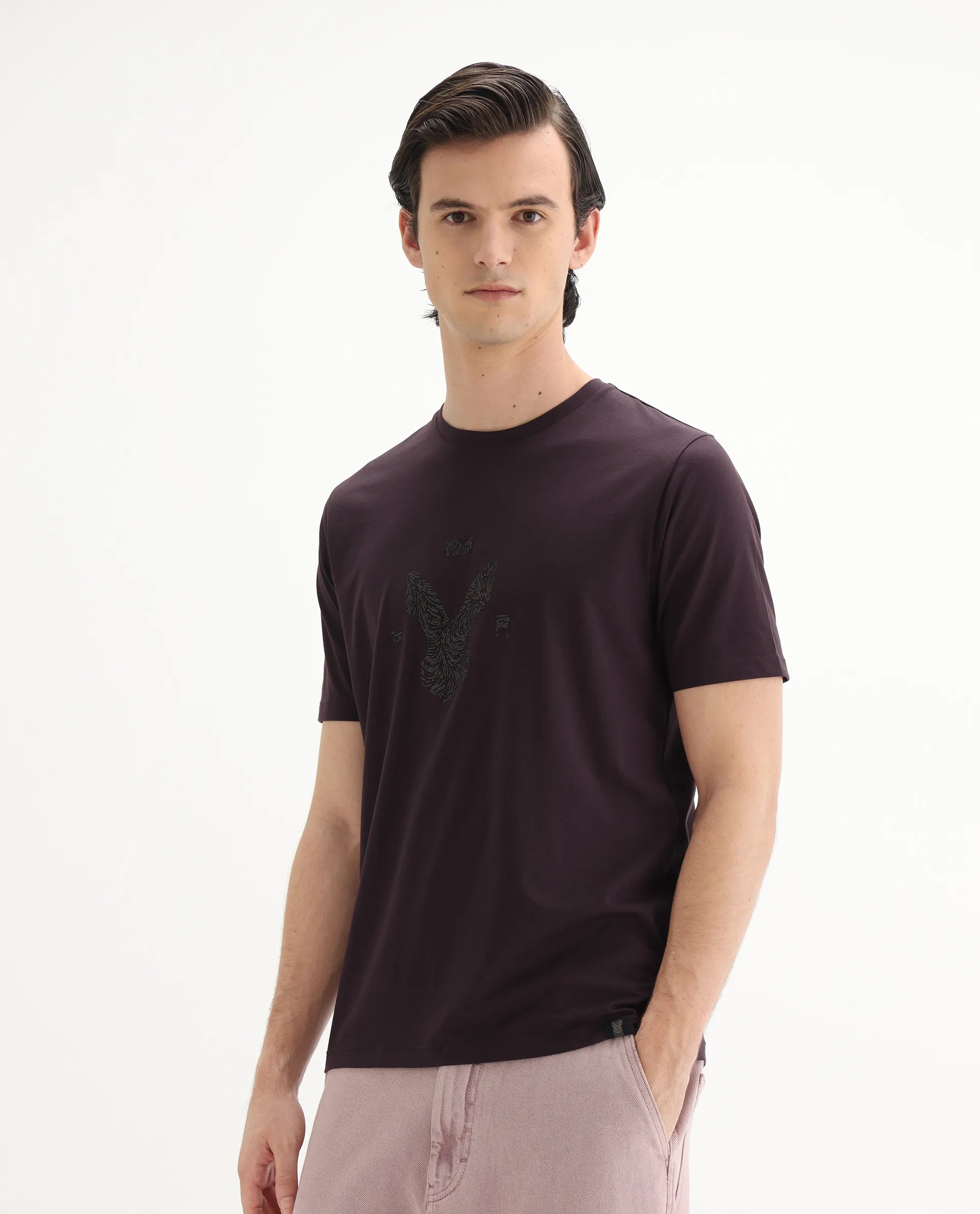 Rare Rabbit Men's Rudi Dark Brown Cotton Blend Graphic Print Regular Fit Half Sleeve Crew Neck T-Shirt