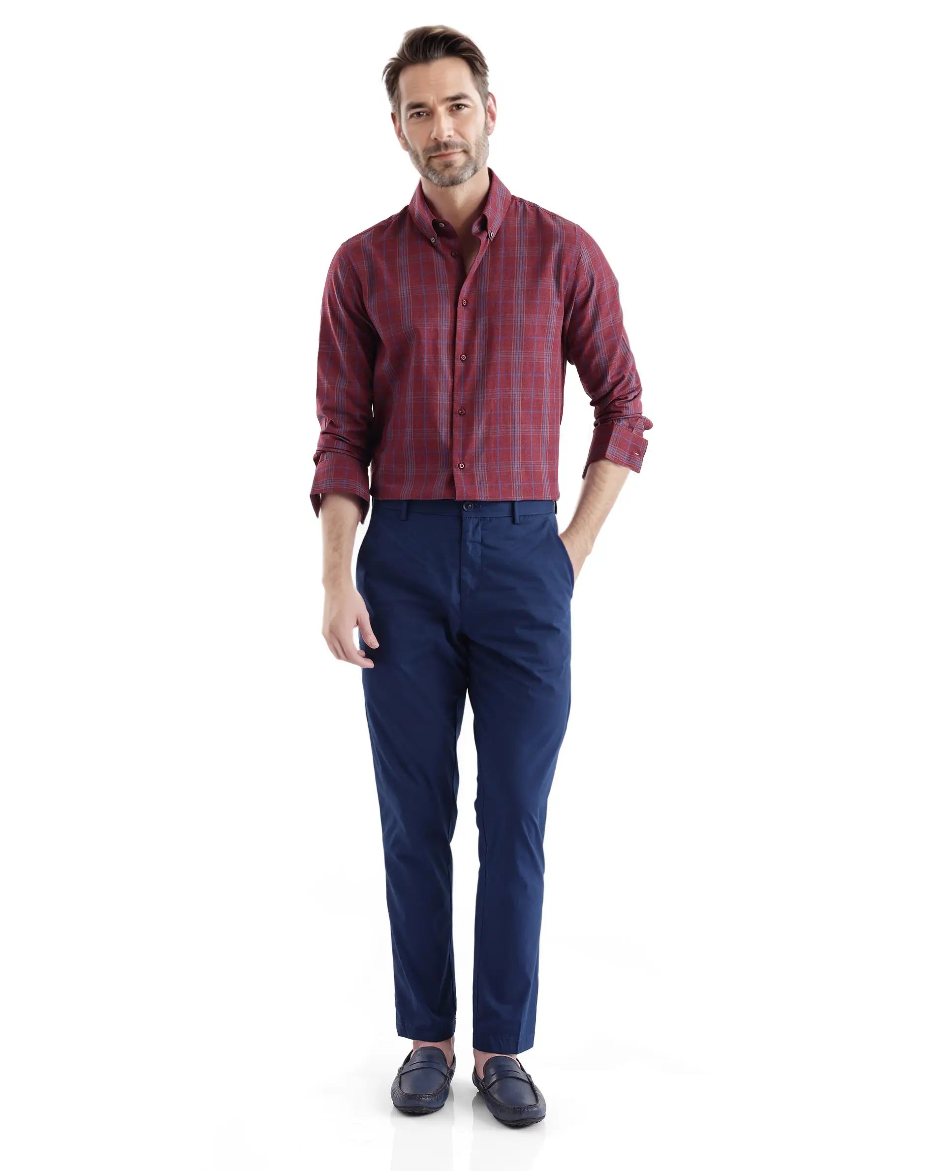 Rare Rabbit Men's Rudo Dark Red Cotton Fabric Full Sleeve Regular Fit Checks Shirt