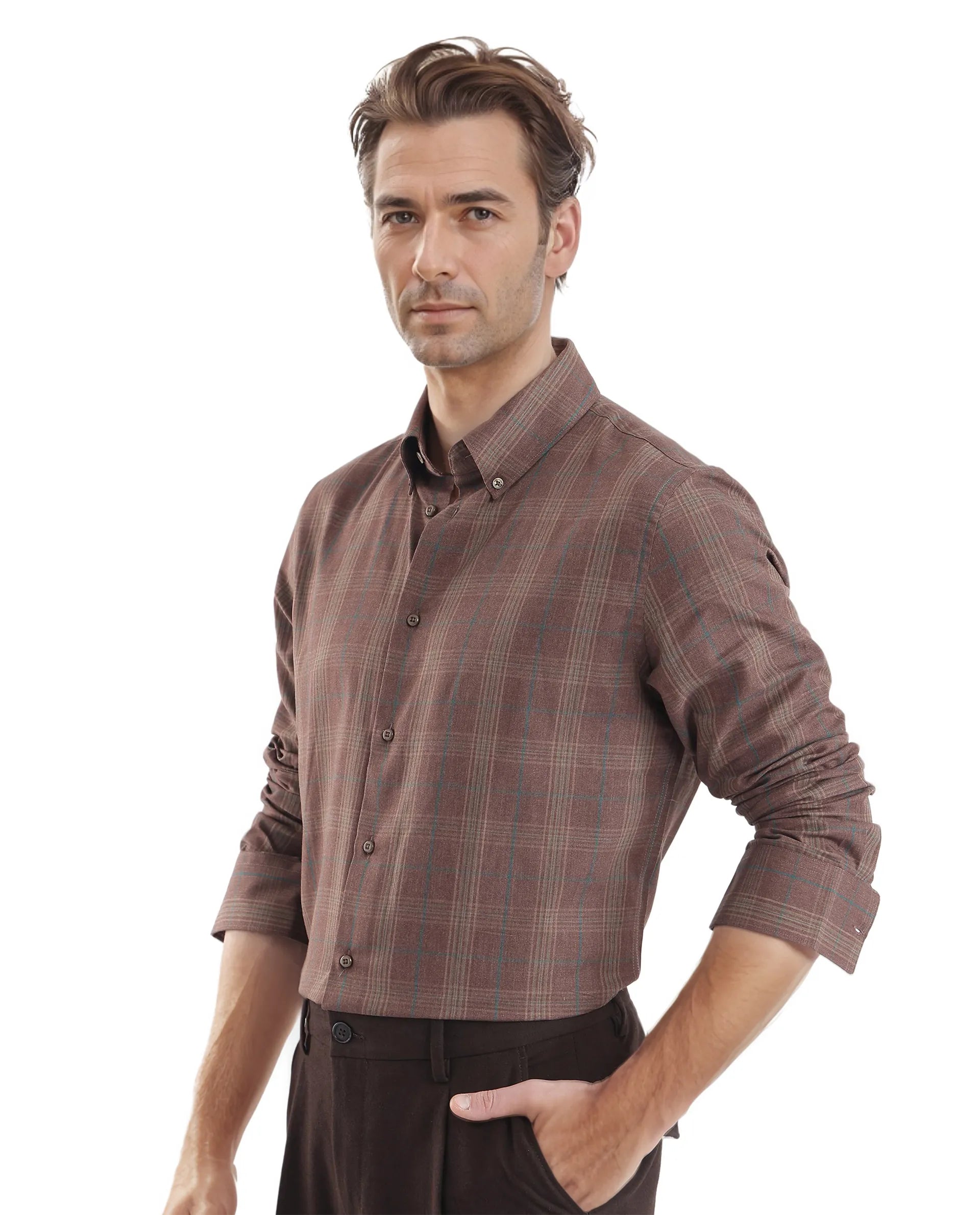 Rare Rabbit Men's Rudo Brown Cotton Fabric Full Sleeve Regular Fit Checks Shirt