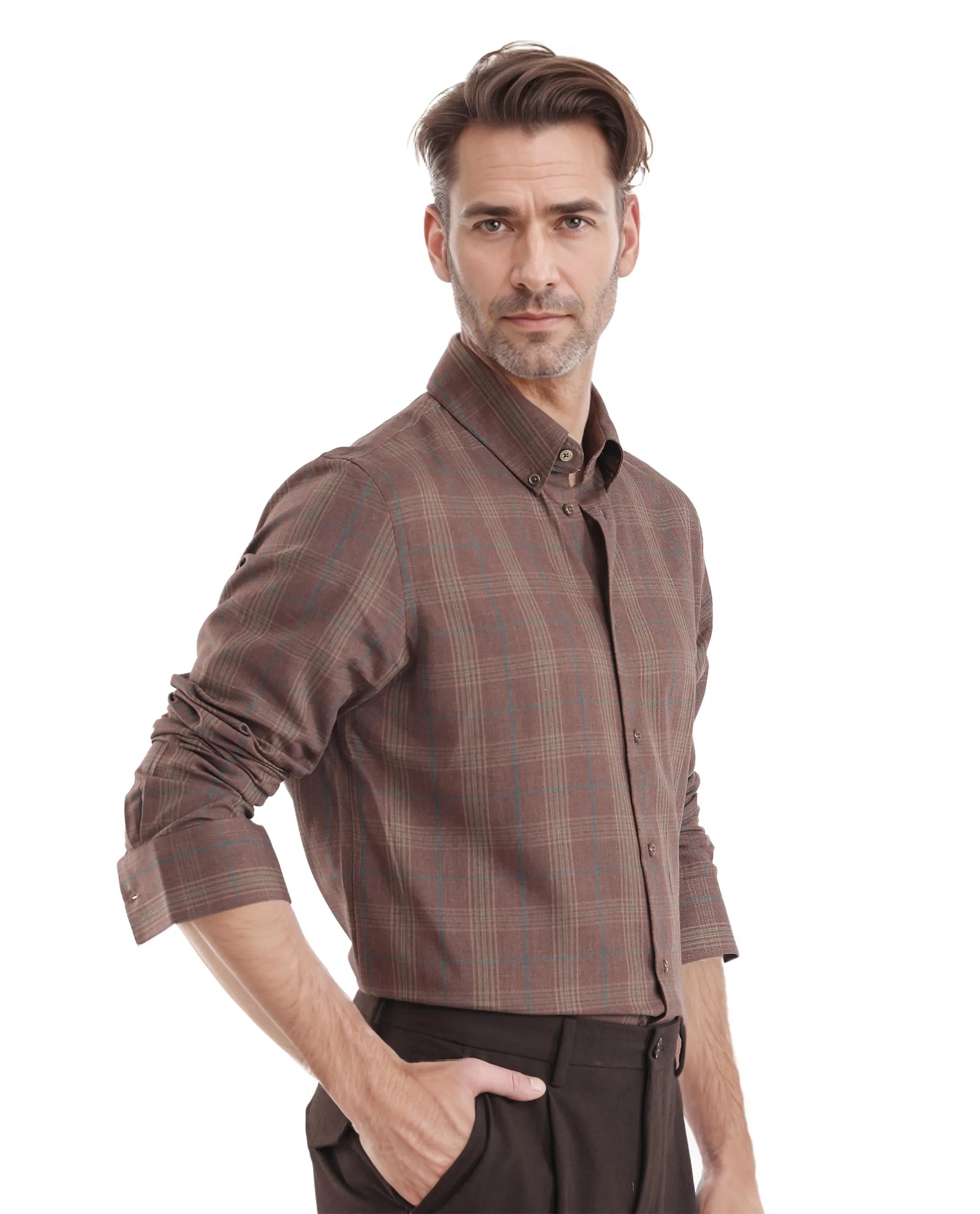 Rare Rabbit Men's Rudo Brown Cotton Fabric Full Sleeve Regular Fit Checks Shirt
