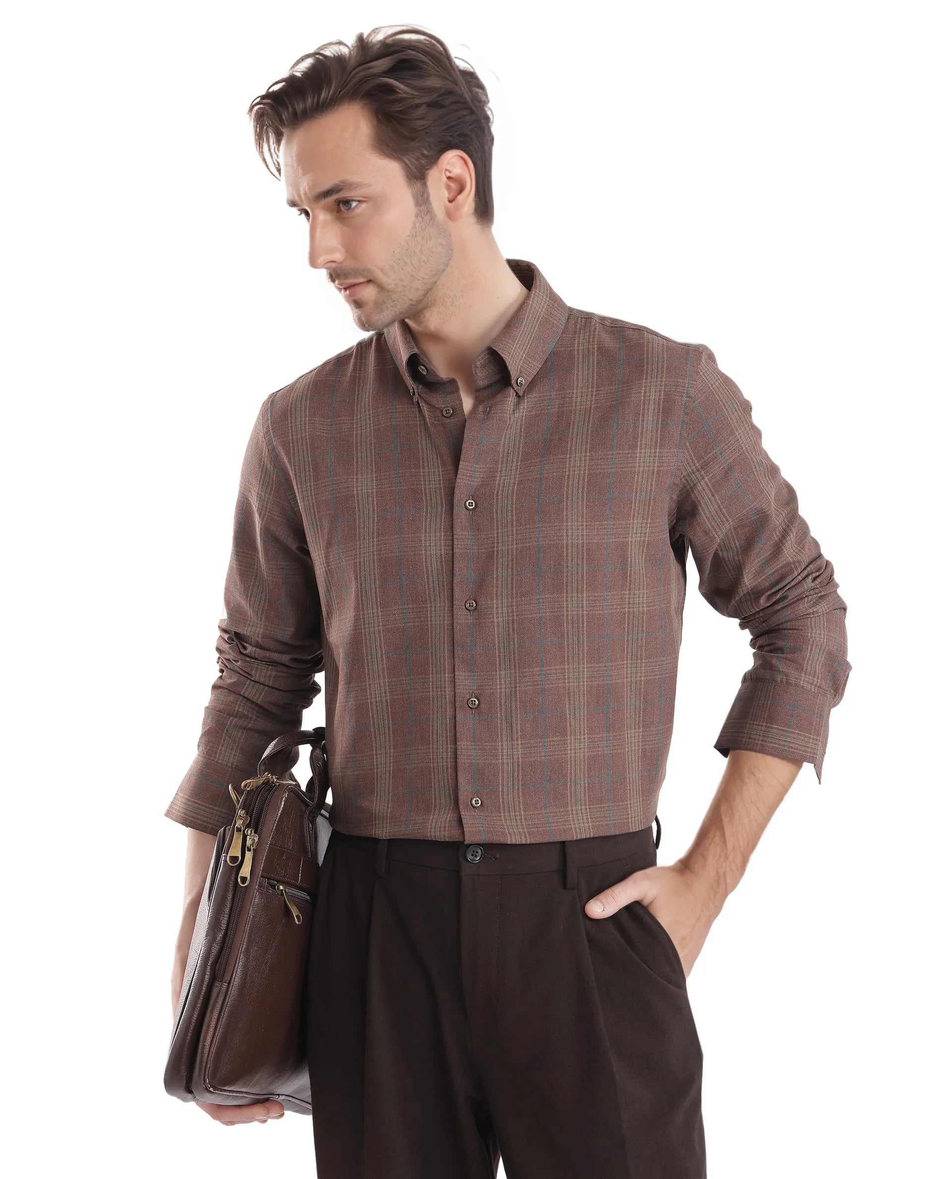 Rare Rabbit Men's Rudo Brown Cotton Fabric Full Sleeve Regular Fit Checks Shirt