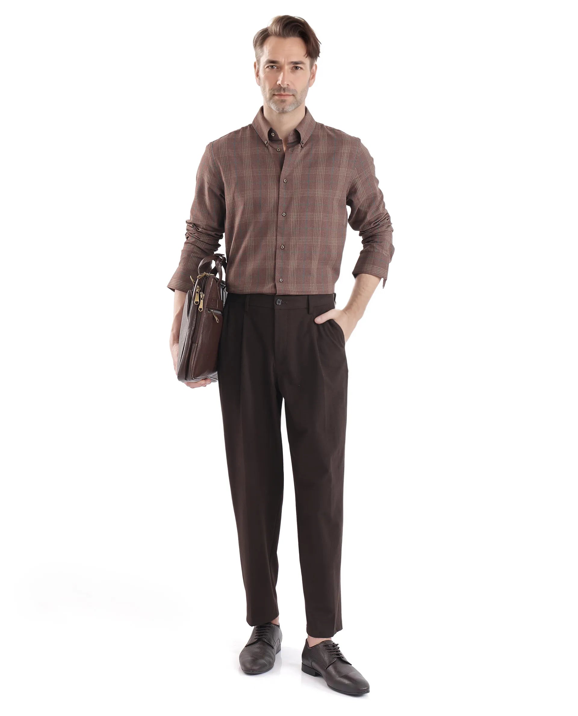 Rare Rabbit Men's Rudo Brown Cotton Fabric Full Sleeve Regular Fit Checks Shirt