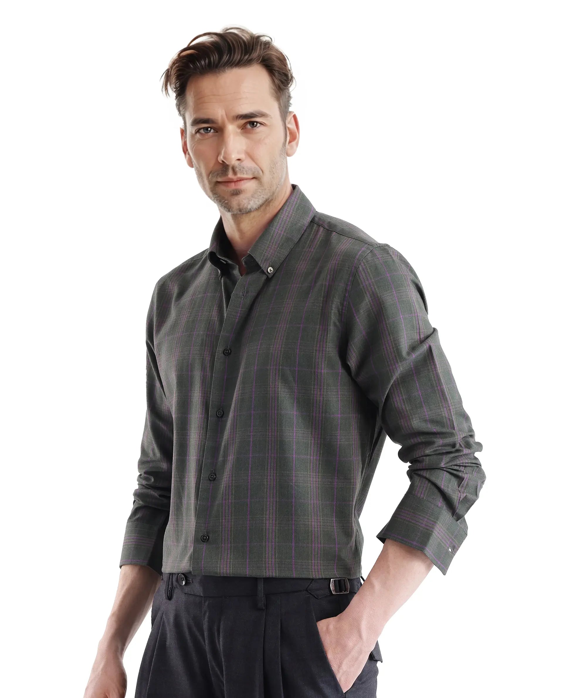 Rare Rabbit Men's Rudo Dark Green Cotton Fabric Full Sleeve Regular Fit Checks Shirt