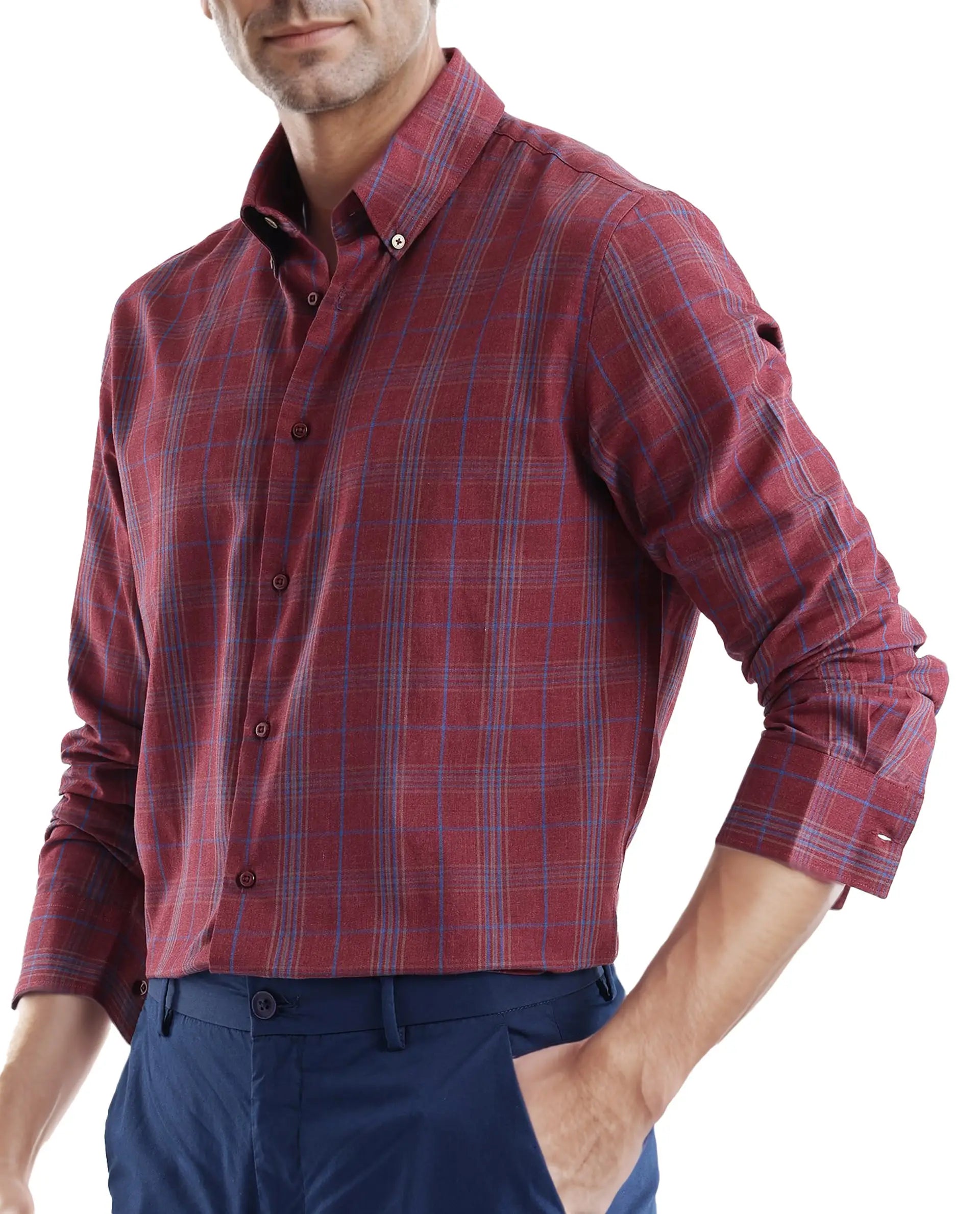 Rare Rabbit Men's Rudo Dark Red Cotton Fabric Full Sleeve Regular Fit Checks Shirt