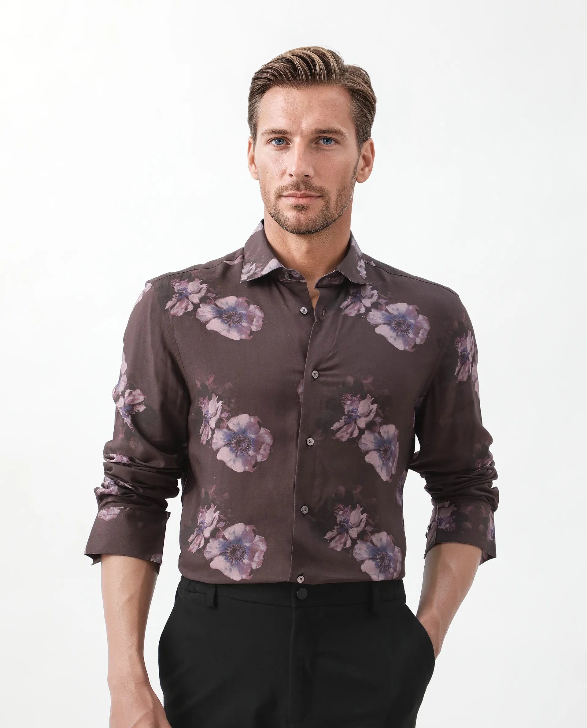 Rare Rabbit Men's Ruds Brown Viscose Floral Print Regular Fit Full Sleeve Collared Shirt