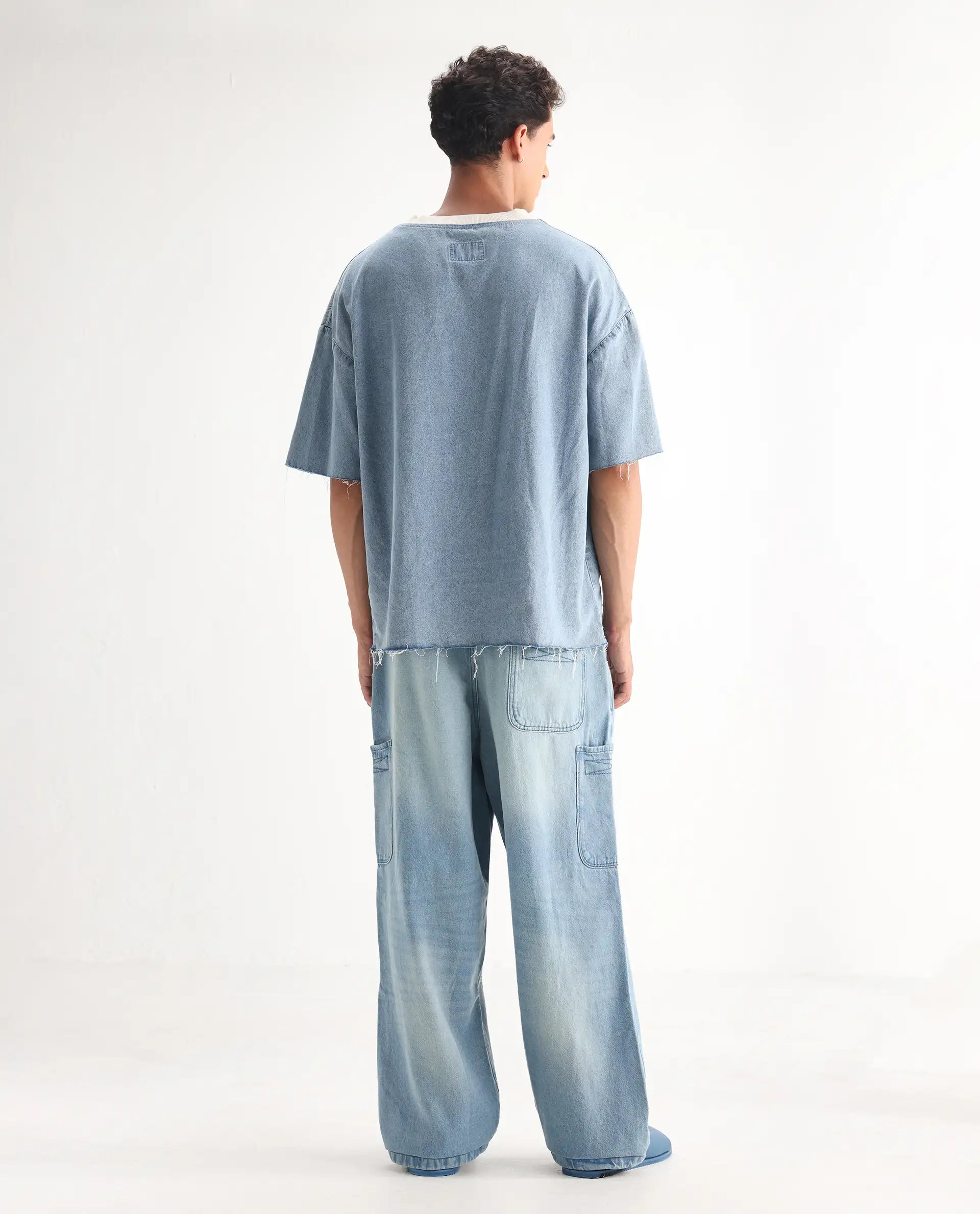 Rare Rabbit Men's Ruei Light Blue Cotton Plain Baggy Fit Jeans
