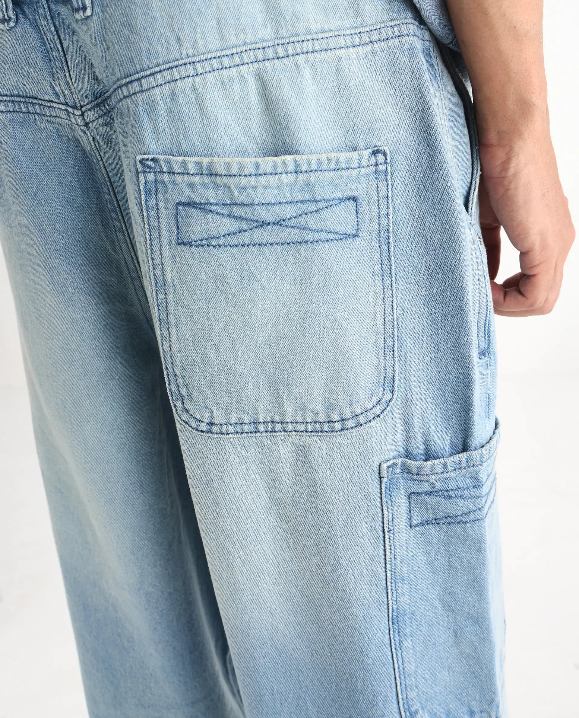 Rare Rabbit Men's Ruei Light Blue Cotton Plain Baggy Fit Jeans