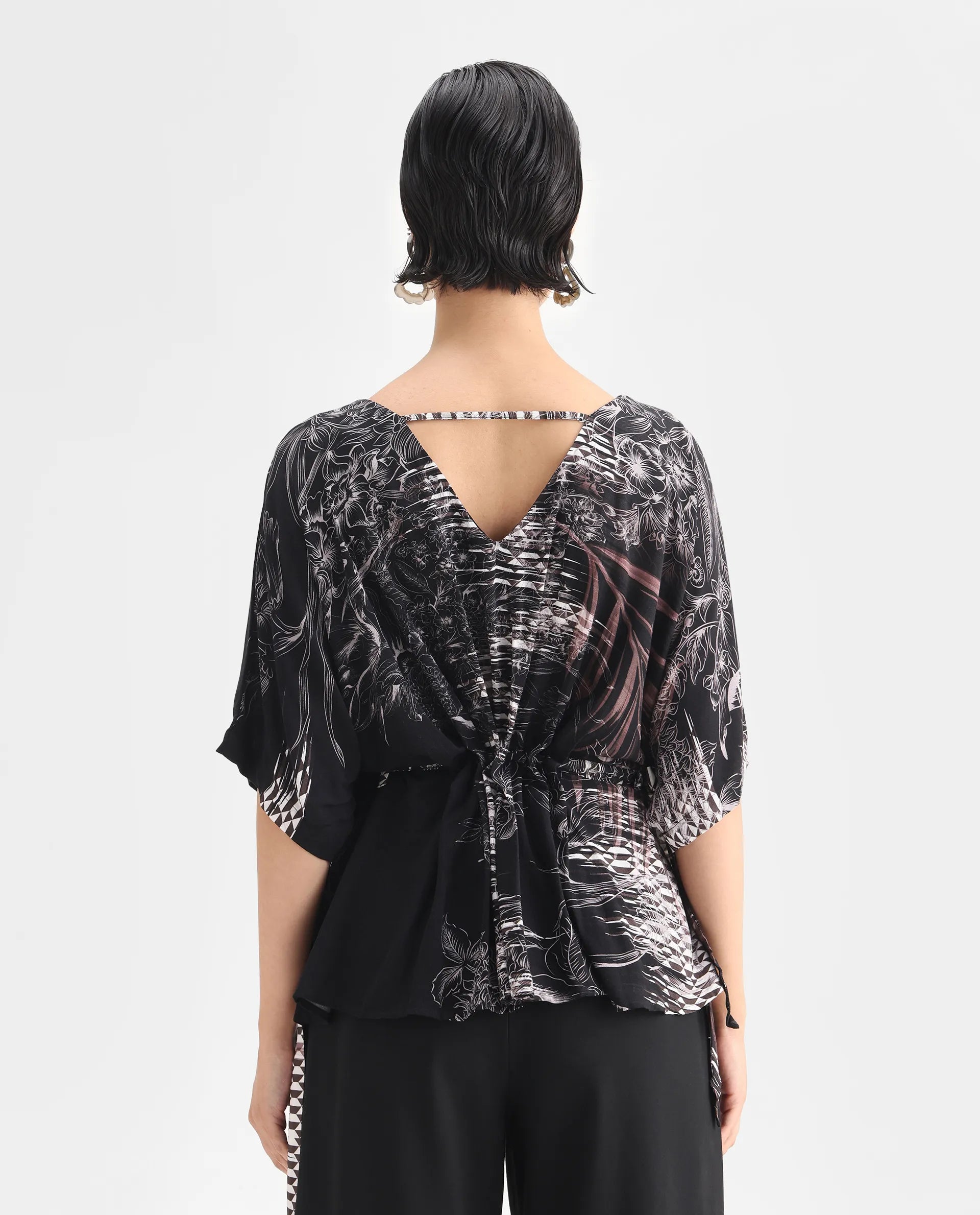 Rareism Women's Rufu Black Viscose Blend V-Neck Abstract Print Extended Sleeves Relaxed Fit Top