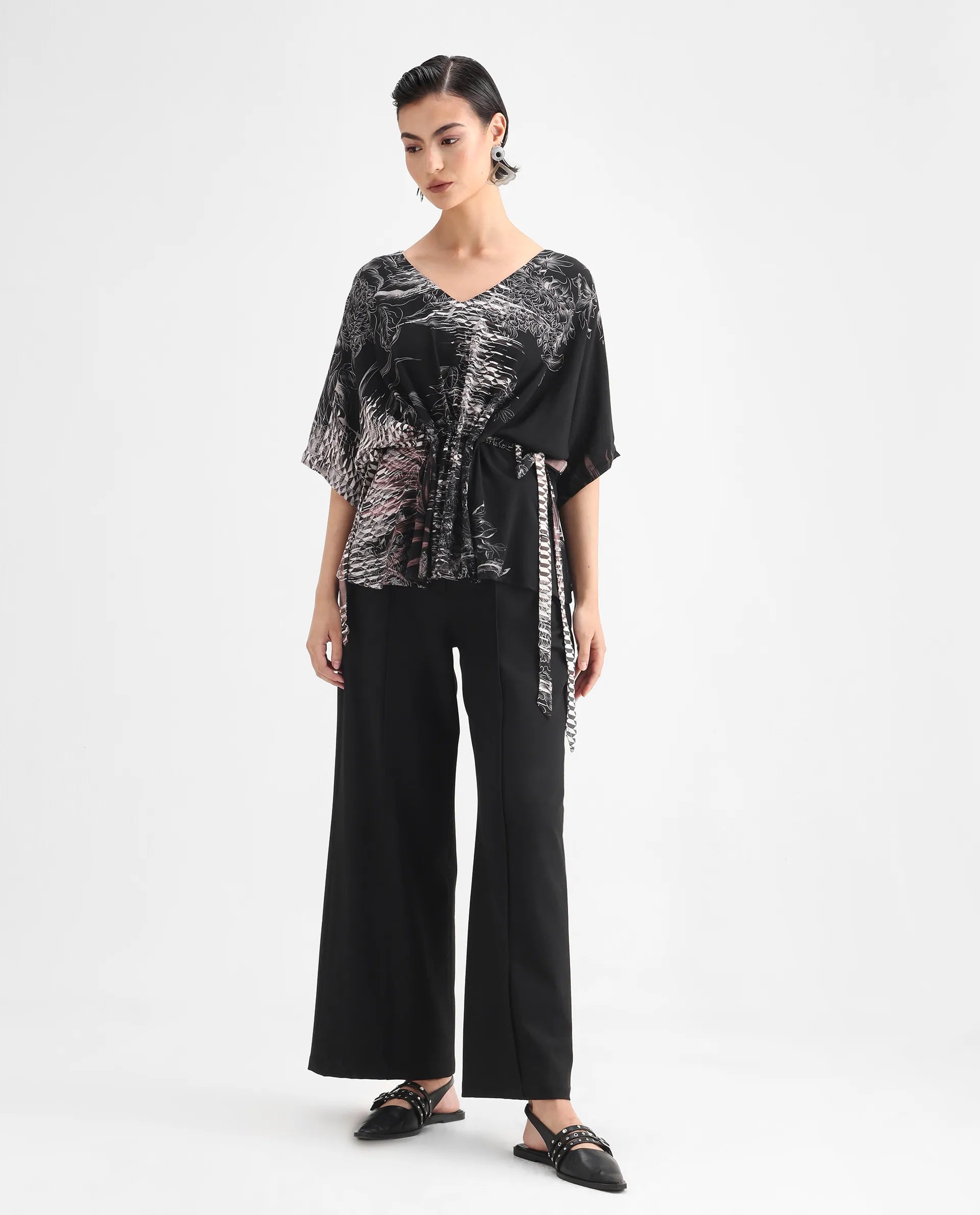 Rareism Women's Rufu Black Viscose Blend V-Neck Abstract Print Extended Sleeves Relaxed Fit Top