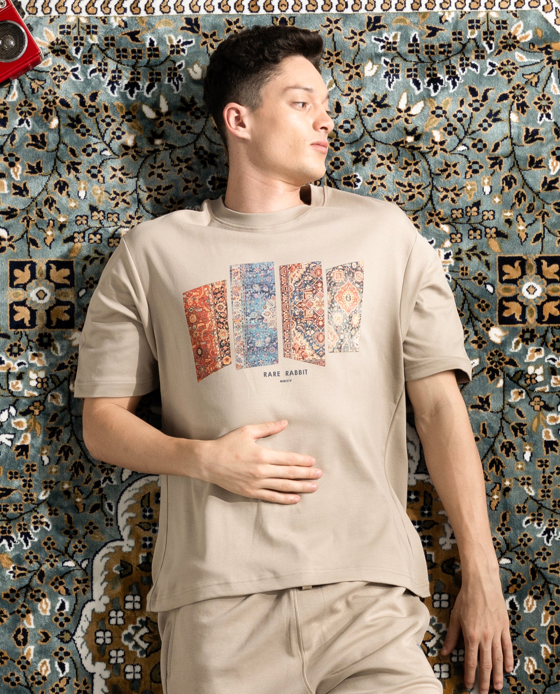 Rare Rabbit Men's Lino Dusky Beige Cotton Graphic Print Qlo Fit Half Sleeve Crew Neck T-Shirt