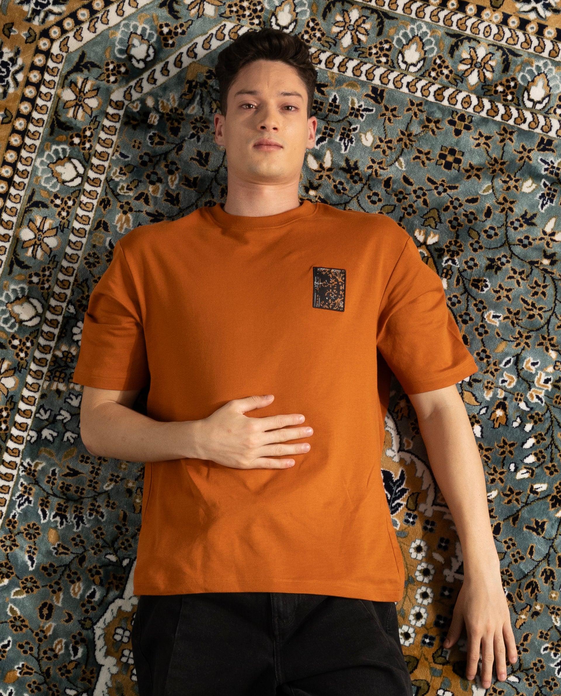 Rare Rabbit Men's Rugy Rust Cotton Graphic Print Qlo Fit Half Sleeve Crew Neck T-Shirt