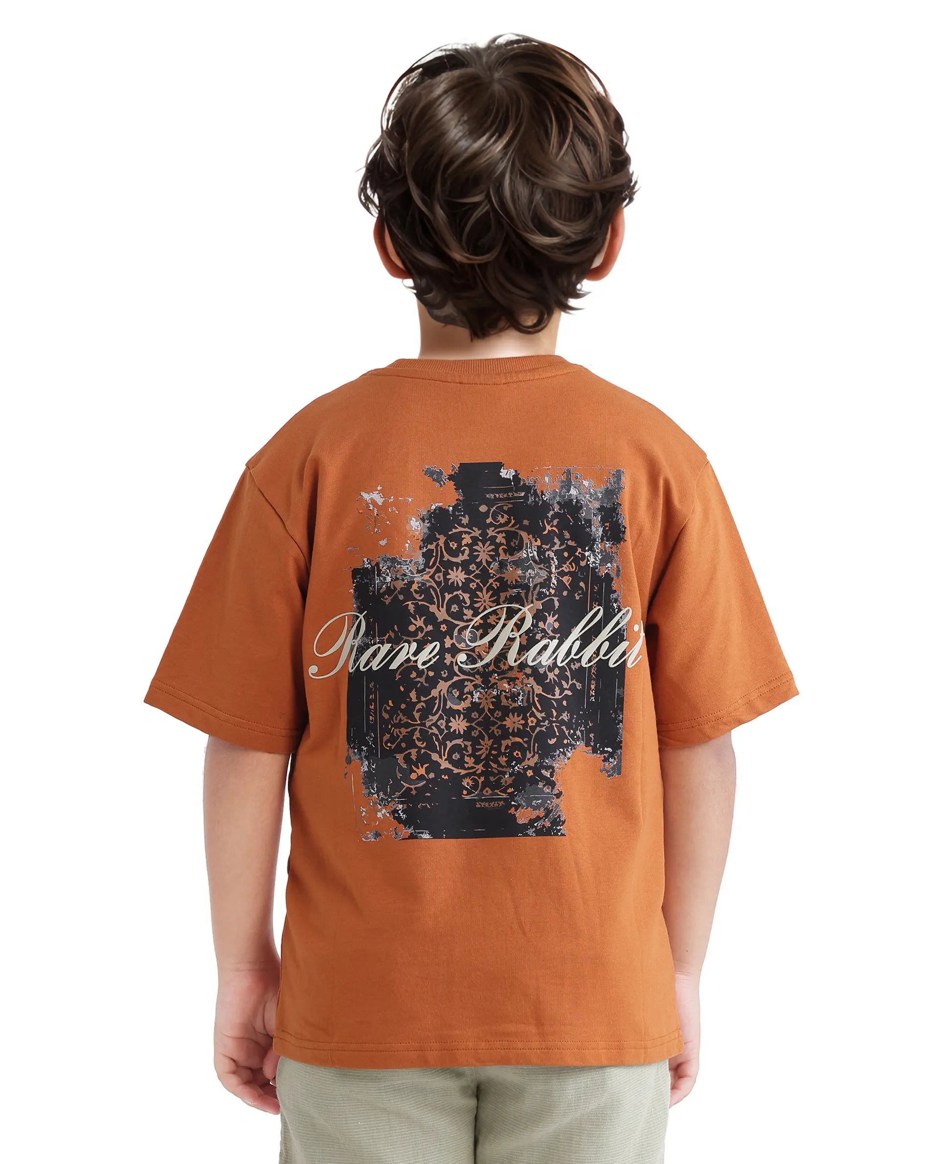 Rare Ones Kids Rugy-K Rust Cotton Short Sleeve Crew Neck Printed Boxy T-Shirt