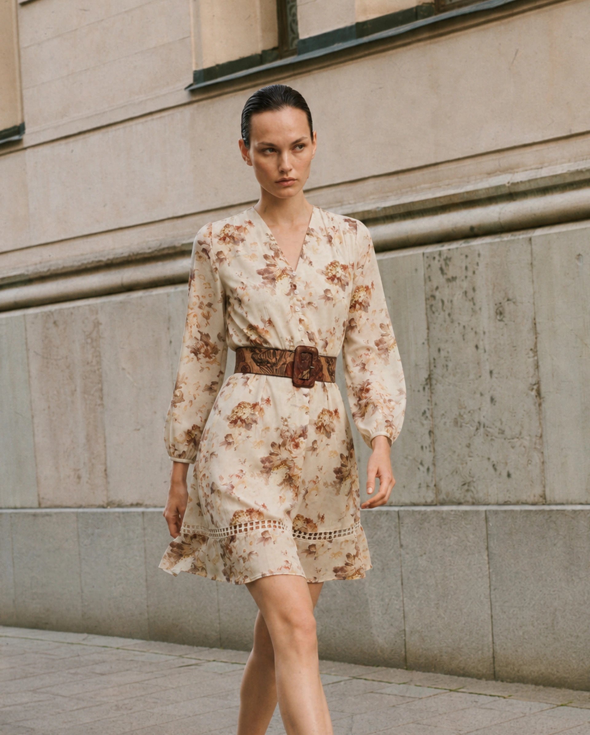 Rareism Women's Rujen Beige Floral Cotton Fit And Flare 3/4th Sleeve Dress
