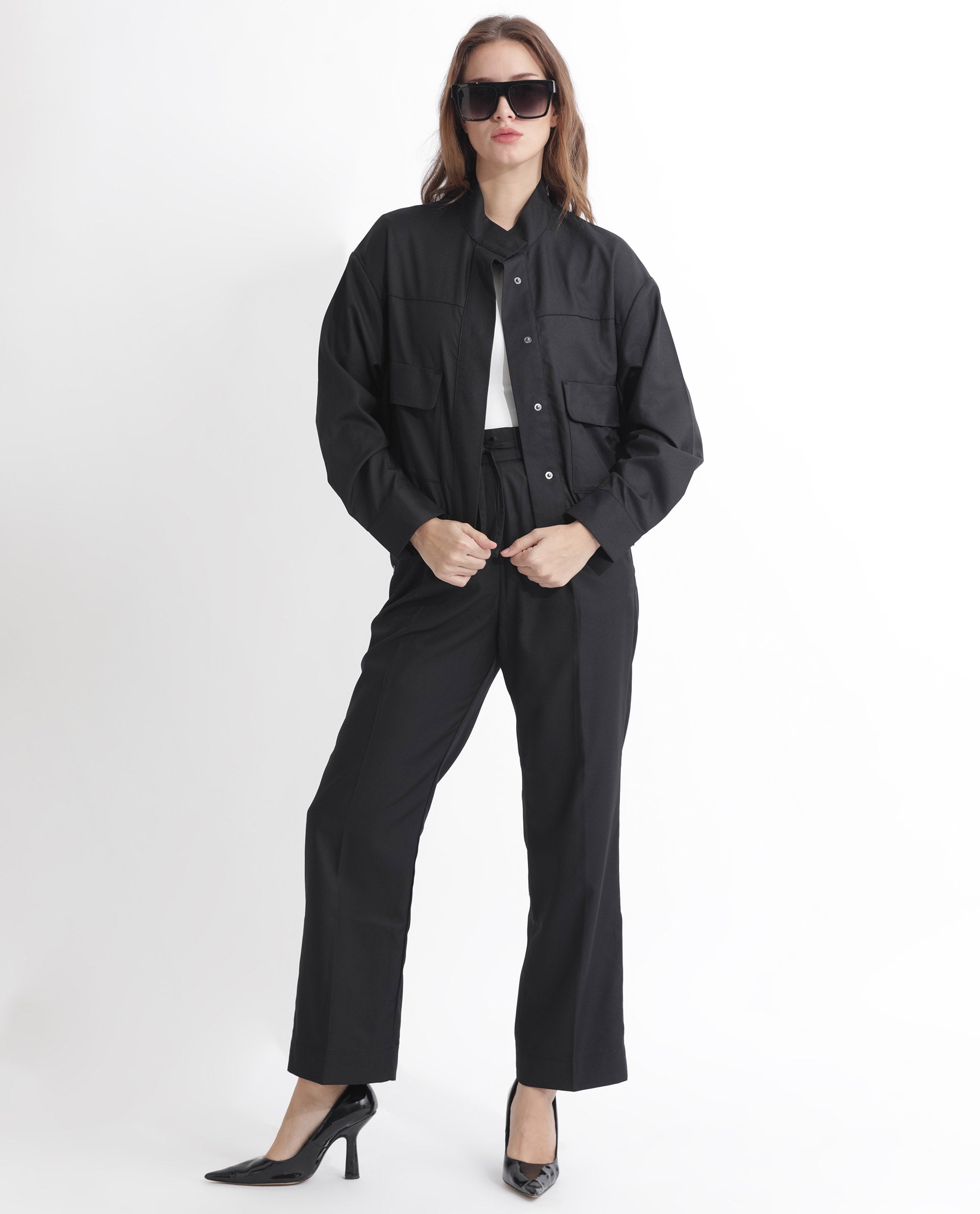 Rareism Women Ruks Black Velvet Full Sleeves Solid High Neck Jacket