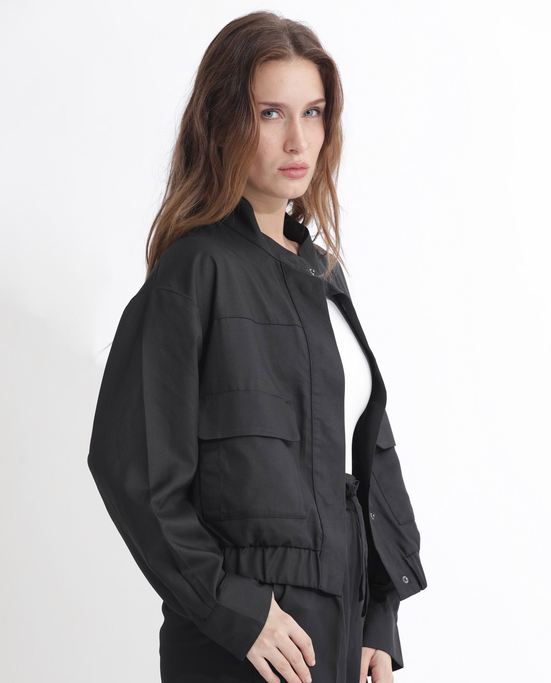 Rareism Women Ruks Black Velvet Full Sleeves Solid High Neck Jacket