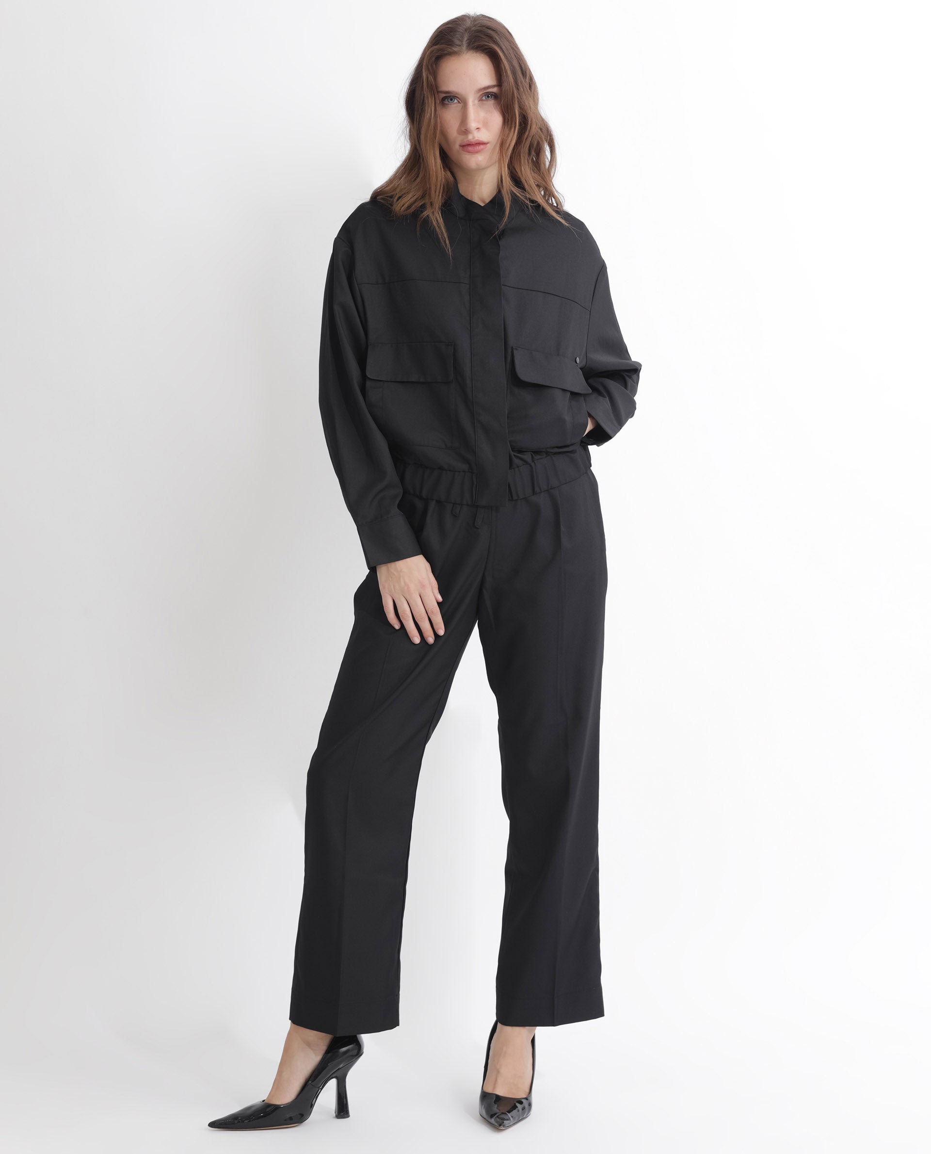 Rareism Women Ruks Black Velvet Full Sleeves Solid High Neck Jacket