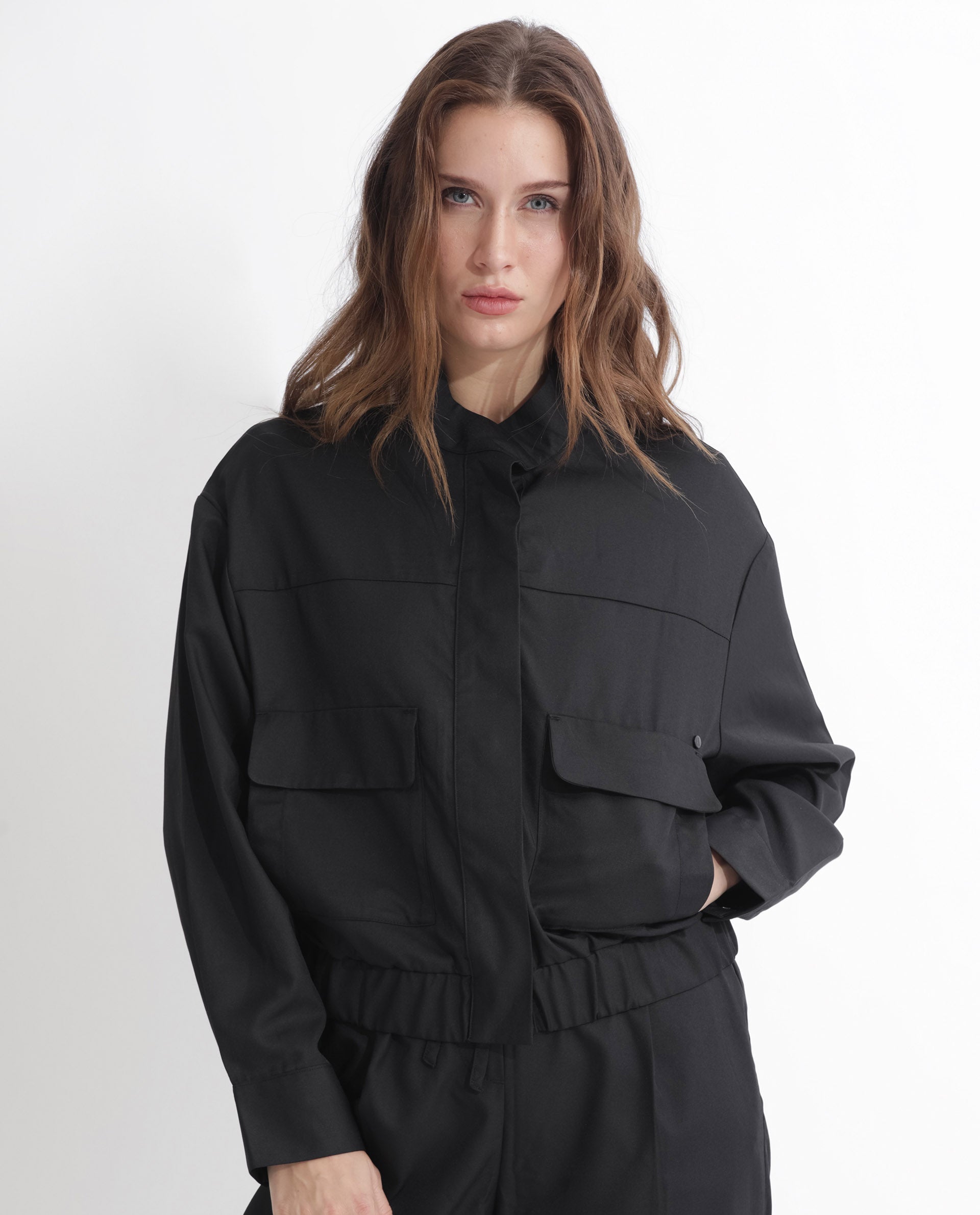 Rareism Women Ruks Black Velvet Full Sleeves Solid High Neck Jacket