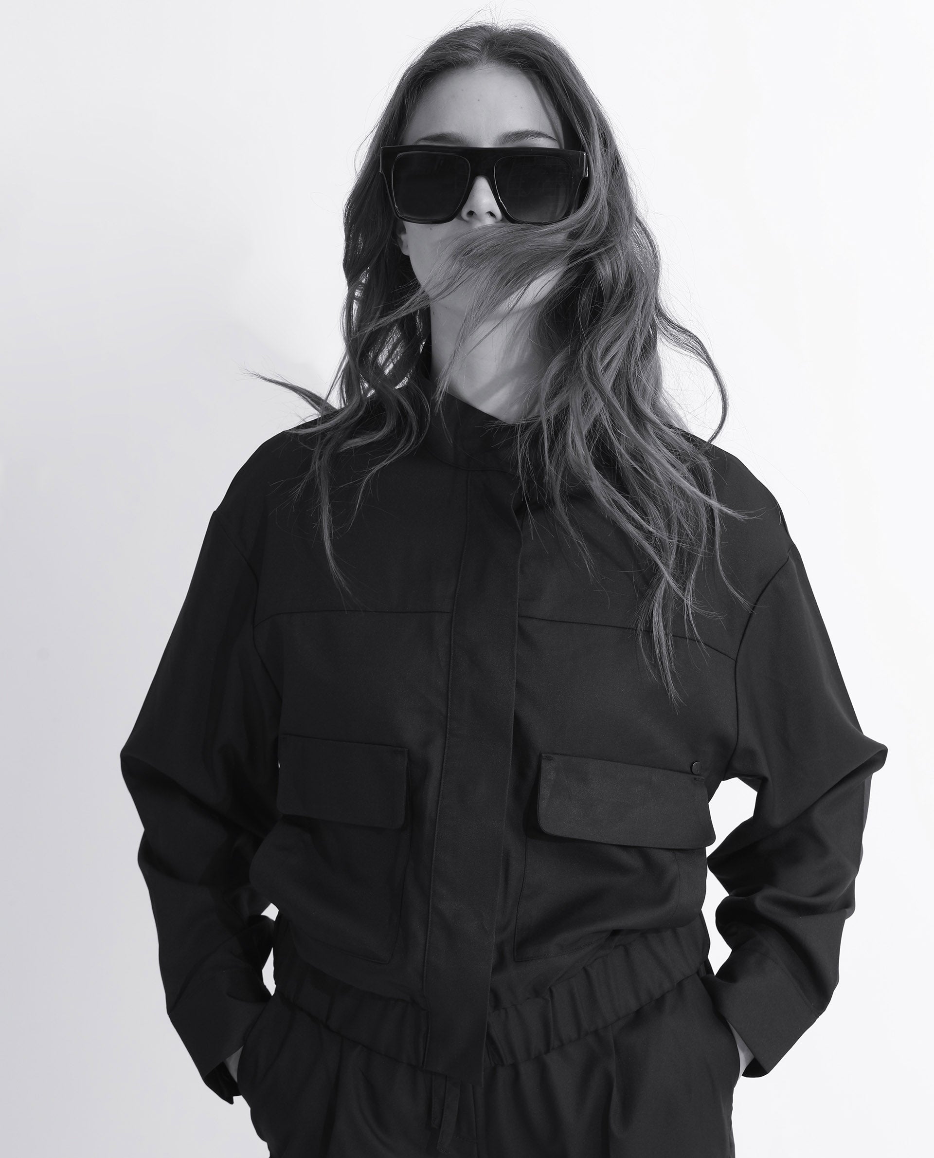 Rareism Women Ruks Black Velvet Full Sleeves Solid High Neck Jacket