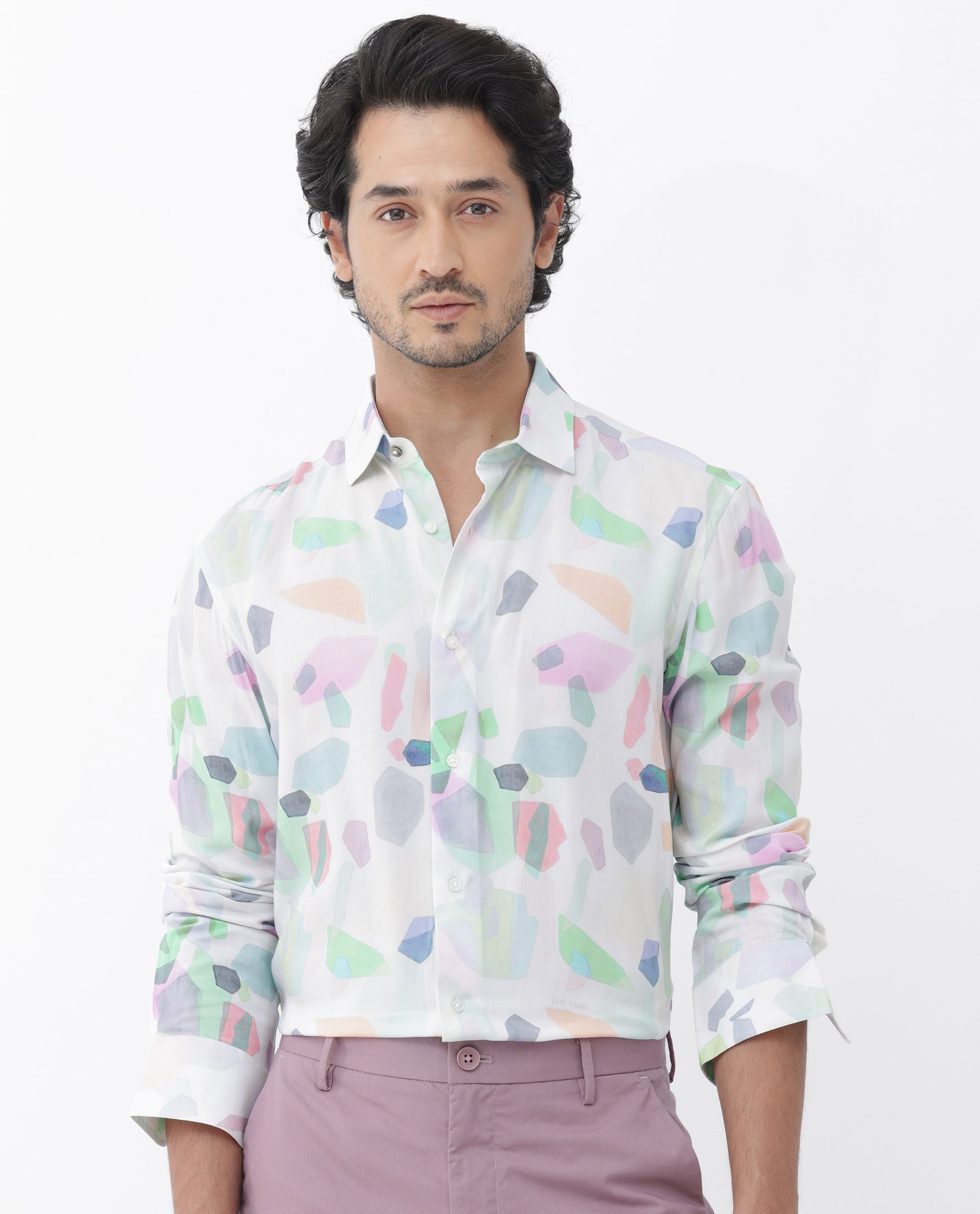 Rare Rabbit Mens Rumelo Off White Full Sleeve Abstract Print Shirt