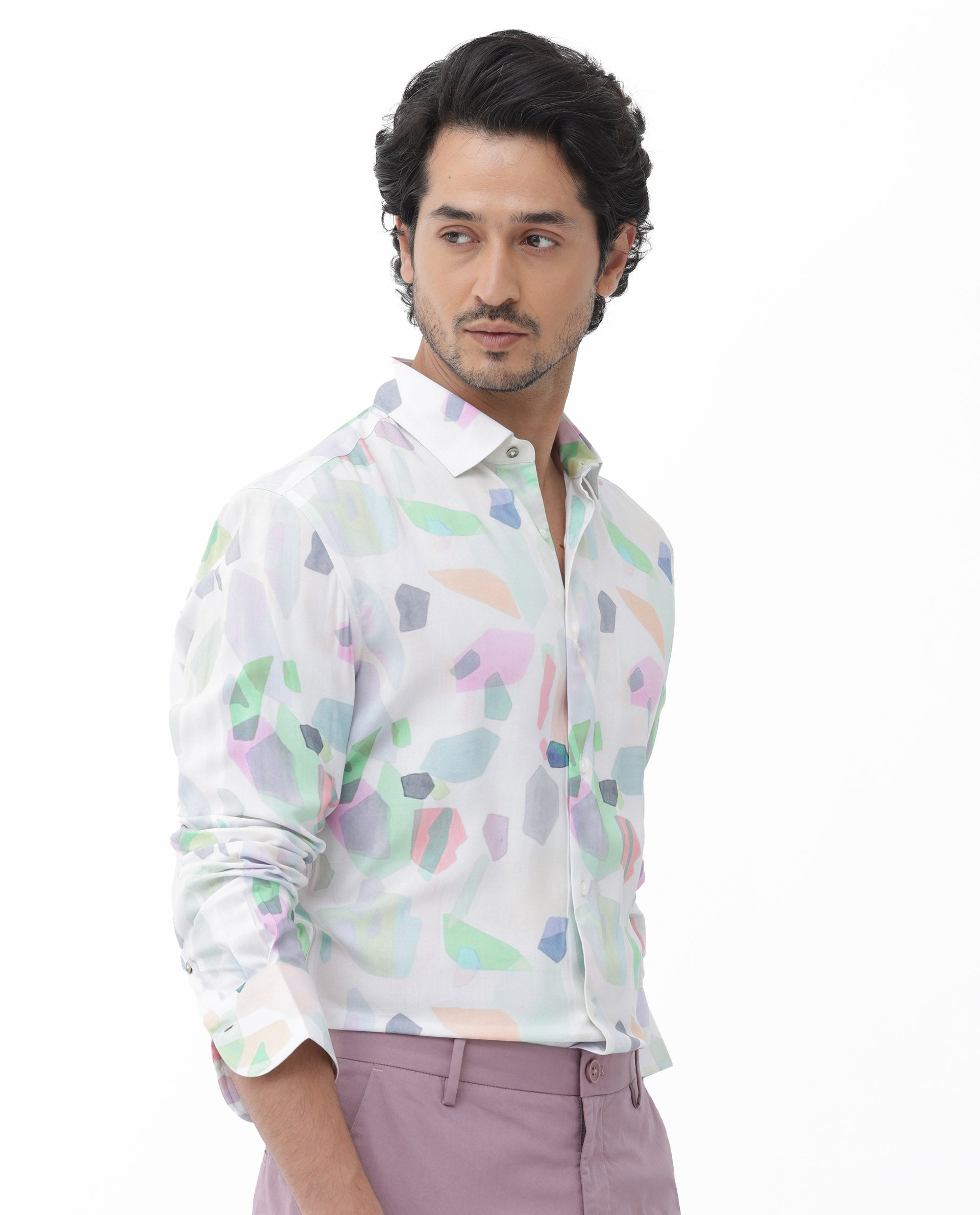 Rare Rabbit Mens Rumelo Off White Full Sleeve Abstract Print Shirt