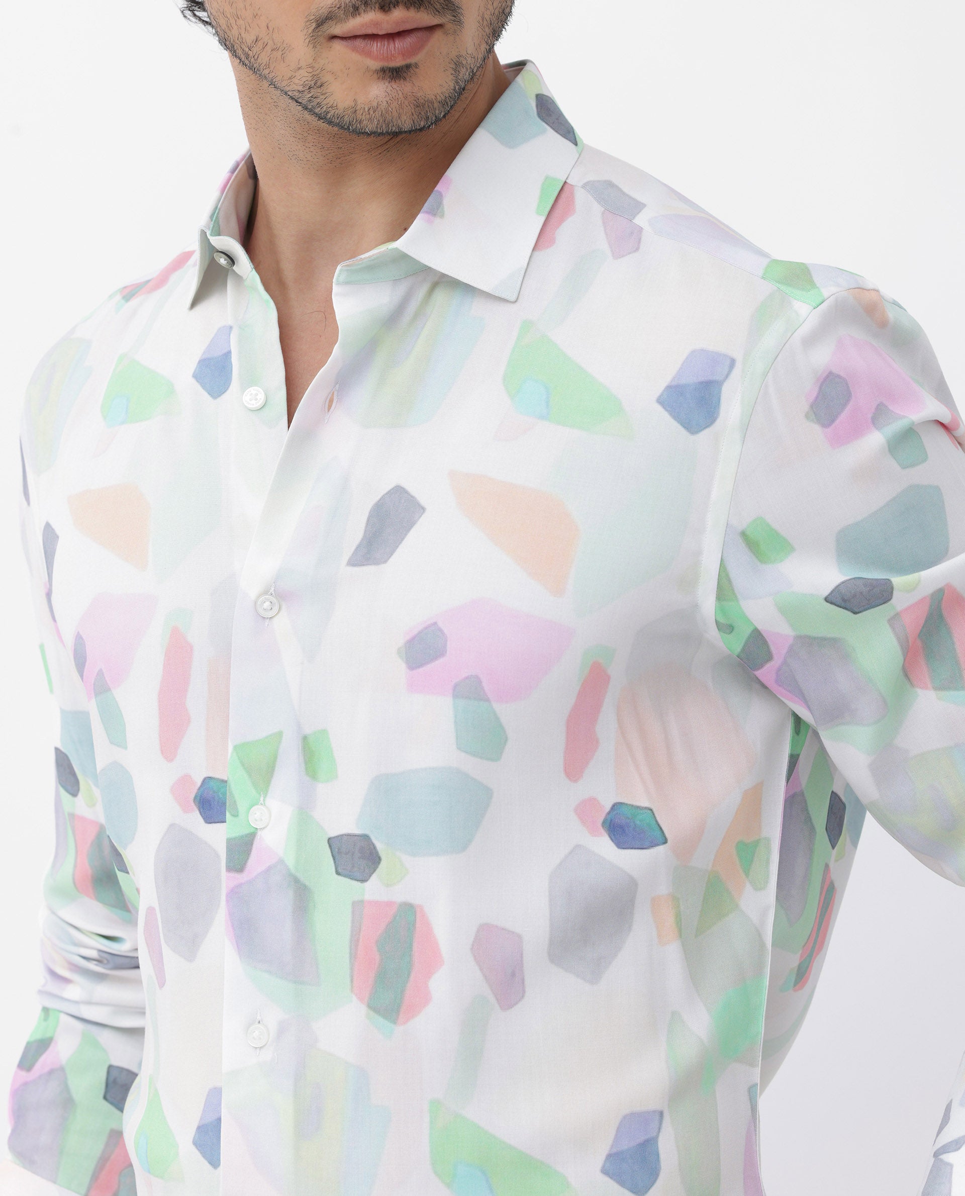 Rare Rabbit Mens Rumelo Off White Full Sleeve Abstract Print Shirt