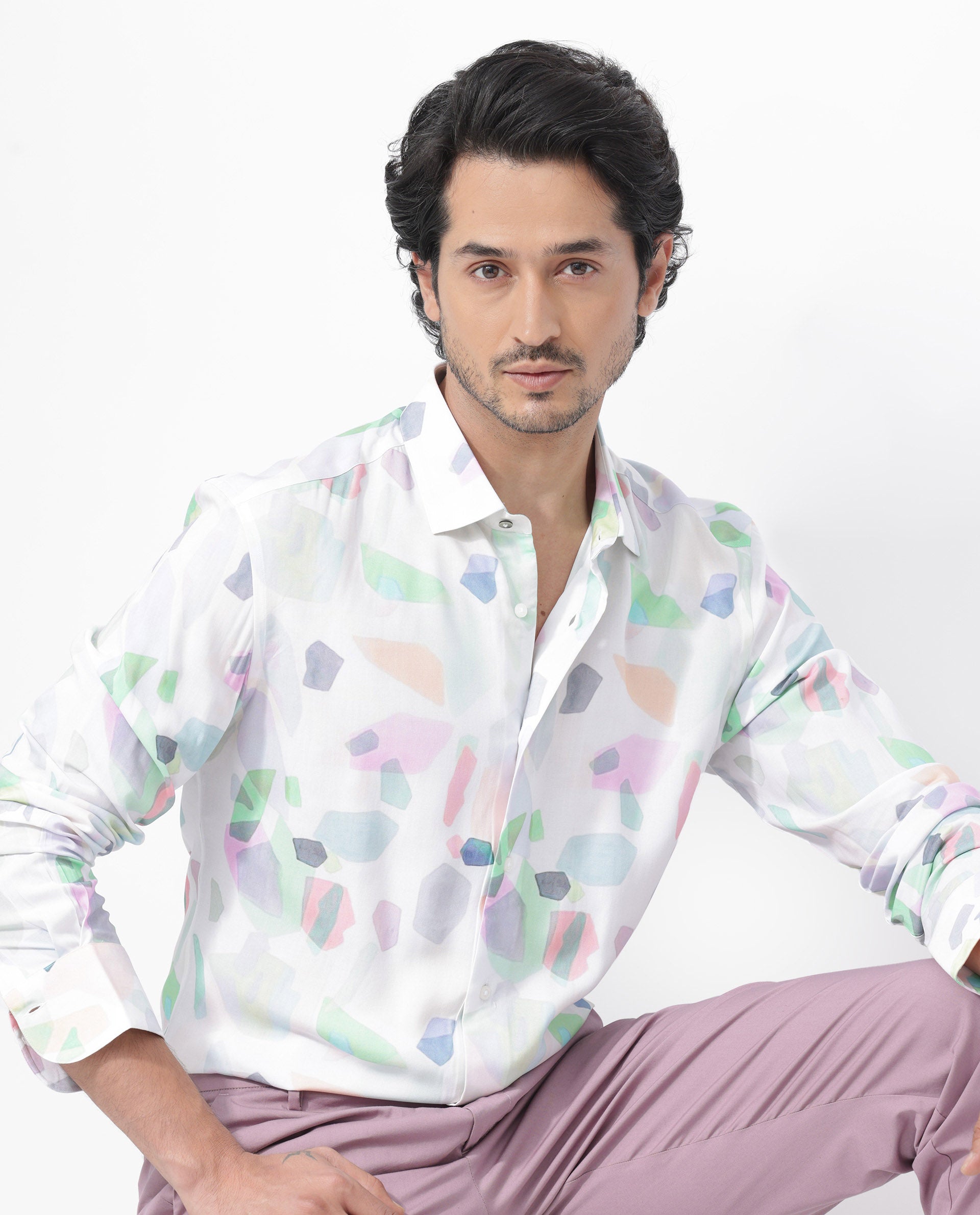 Rare Rabbit Mens Rumelo Off White Full Sleeve Abstract Print Shirt