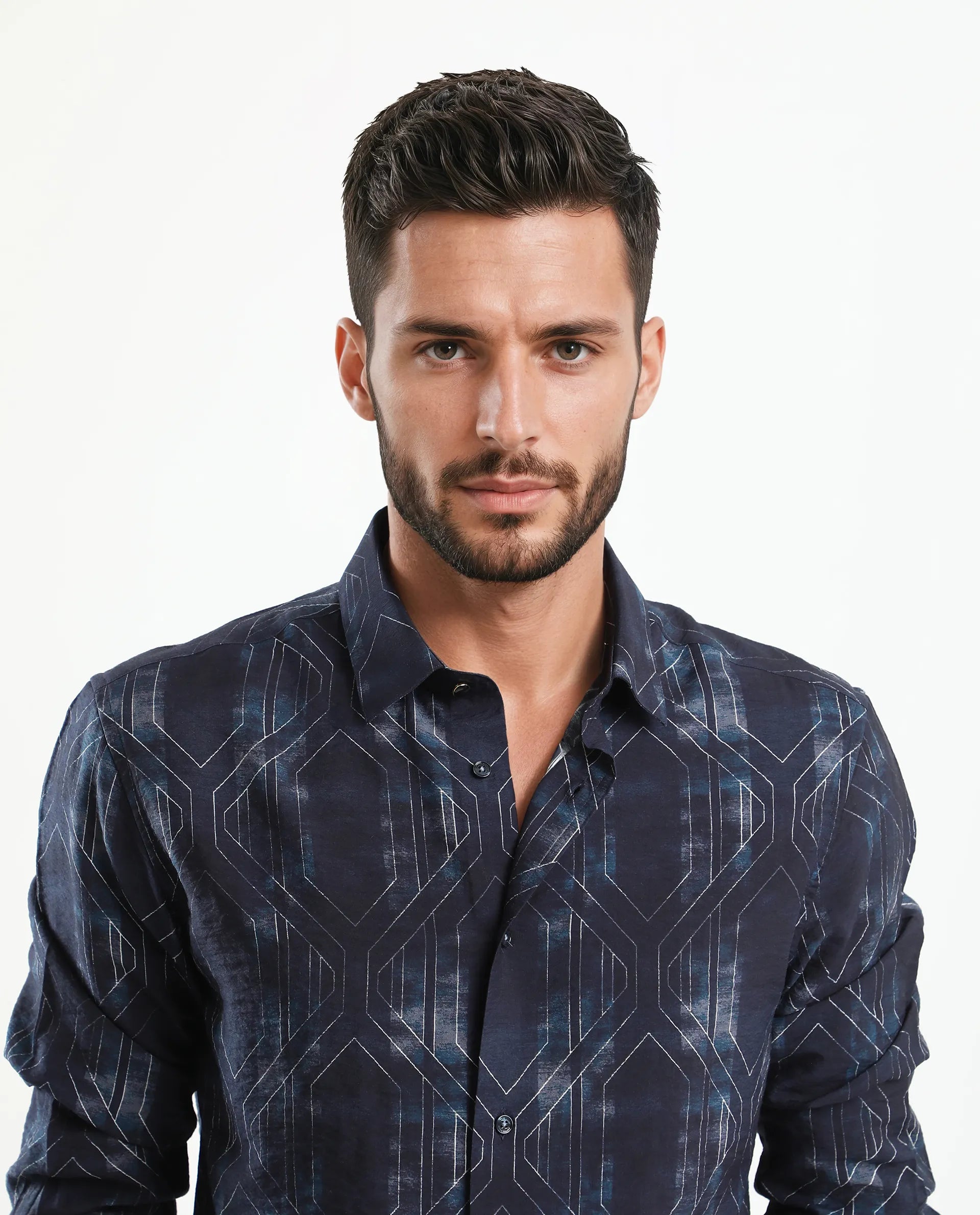 Rare Rabbit Men's Rumi Dark Navy Viscose Blend Geometric Print Regular Fit Full Sleeve Collared Shirt