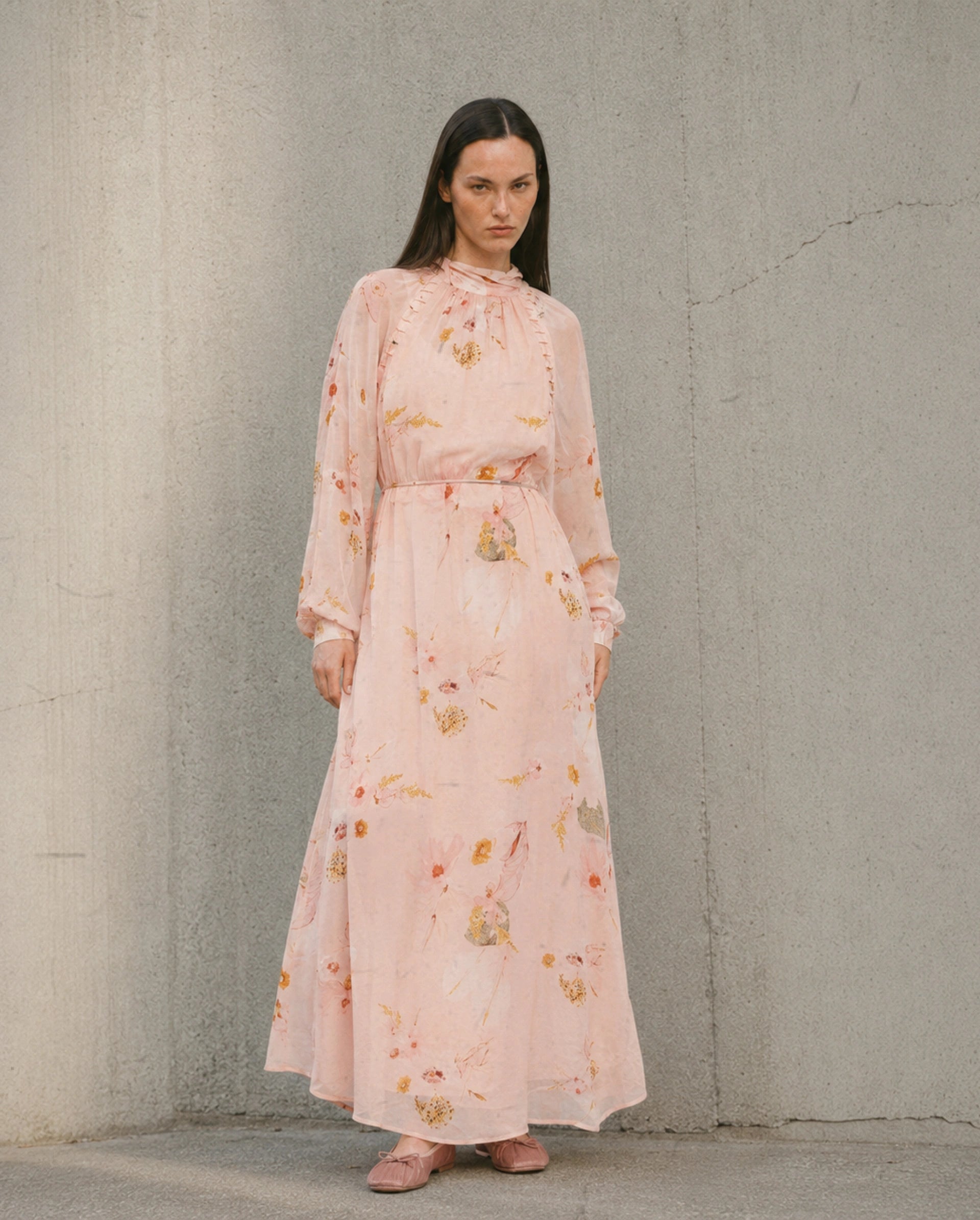 Rareism Women's Rumink Pastel Pink Viscose Band Collar Button A-Line Printed Dress