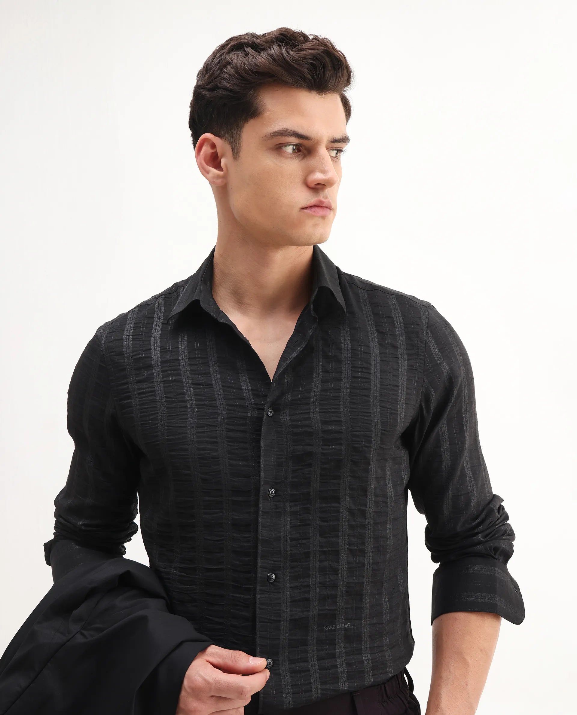 Rare Rabbit Men's Runek-25 Black Polyester Striped Print Regular Fit Full Sleeve Collared Shirt