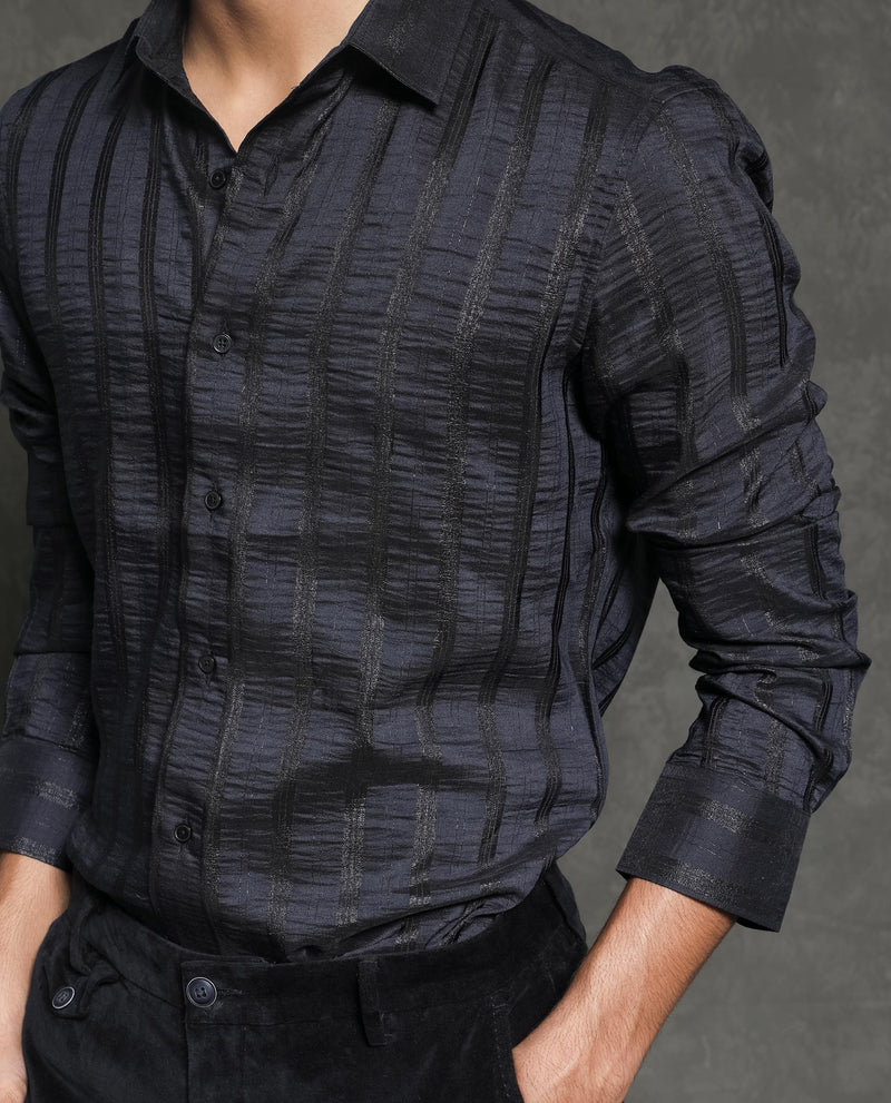 Rare Rabbit Men's Runek Black Polyester Fabric Full Sleeves Striped Shirt