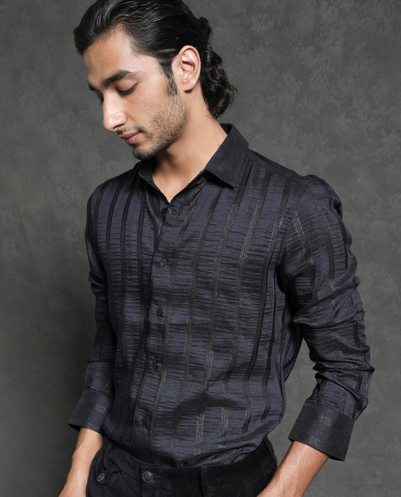Rare Rabbit Men's Runek Black Polyester Fabric Full Sleeves Striped Shirt