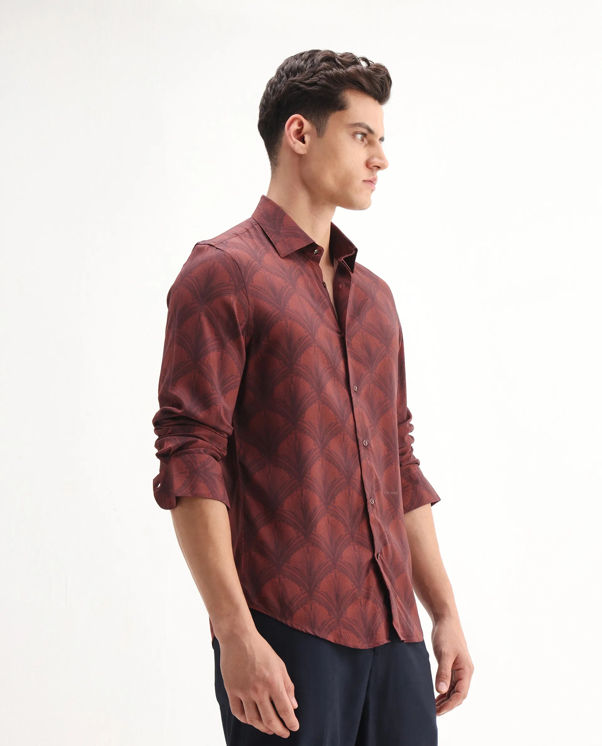 Rare Rabbit Men's Runi Red Cotton Blend Decorative Print Regular Fit Full Sleeve Collared Shirt