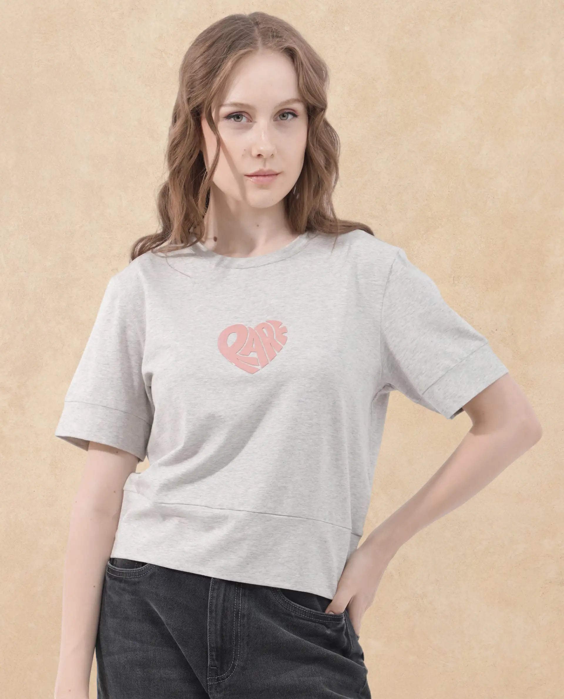 Rareism Women Runo Melange Grey Cotton Elastane Fabric Crew Neck Knit Solid T-Shirt