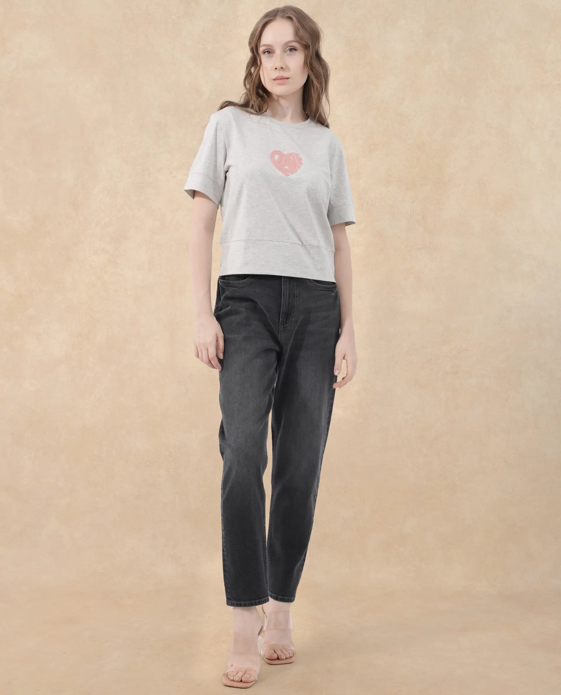 Rareism Women Runo Melange Grey Cotton Elastane Fabric Crew Neck Knit Solid T-Shirt