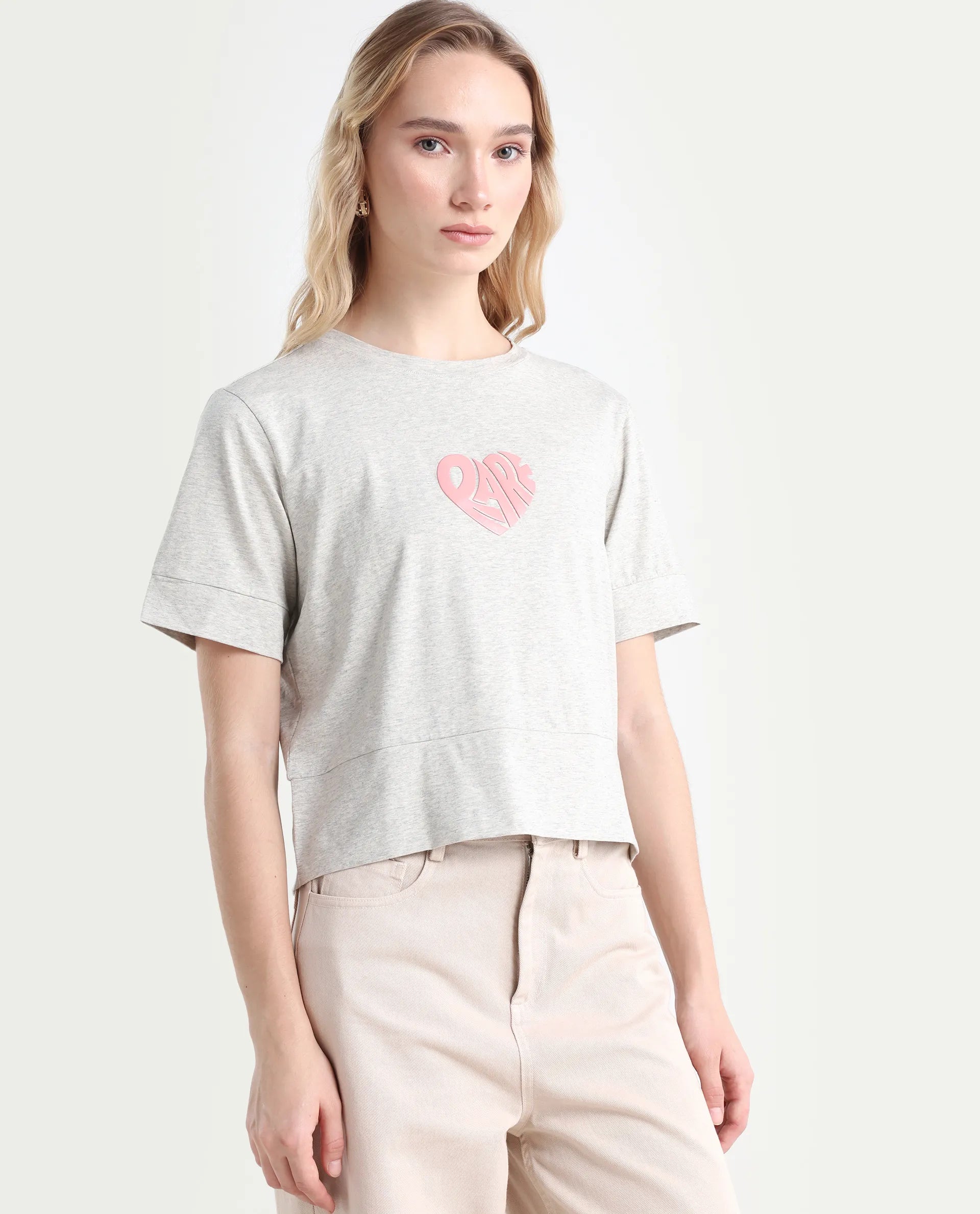 Rareism Women's Runo Melange Grey Cotton Blend Crew Neck Graphic Print Regular Fit T-Shirt