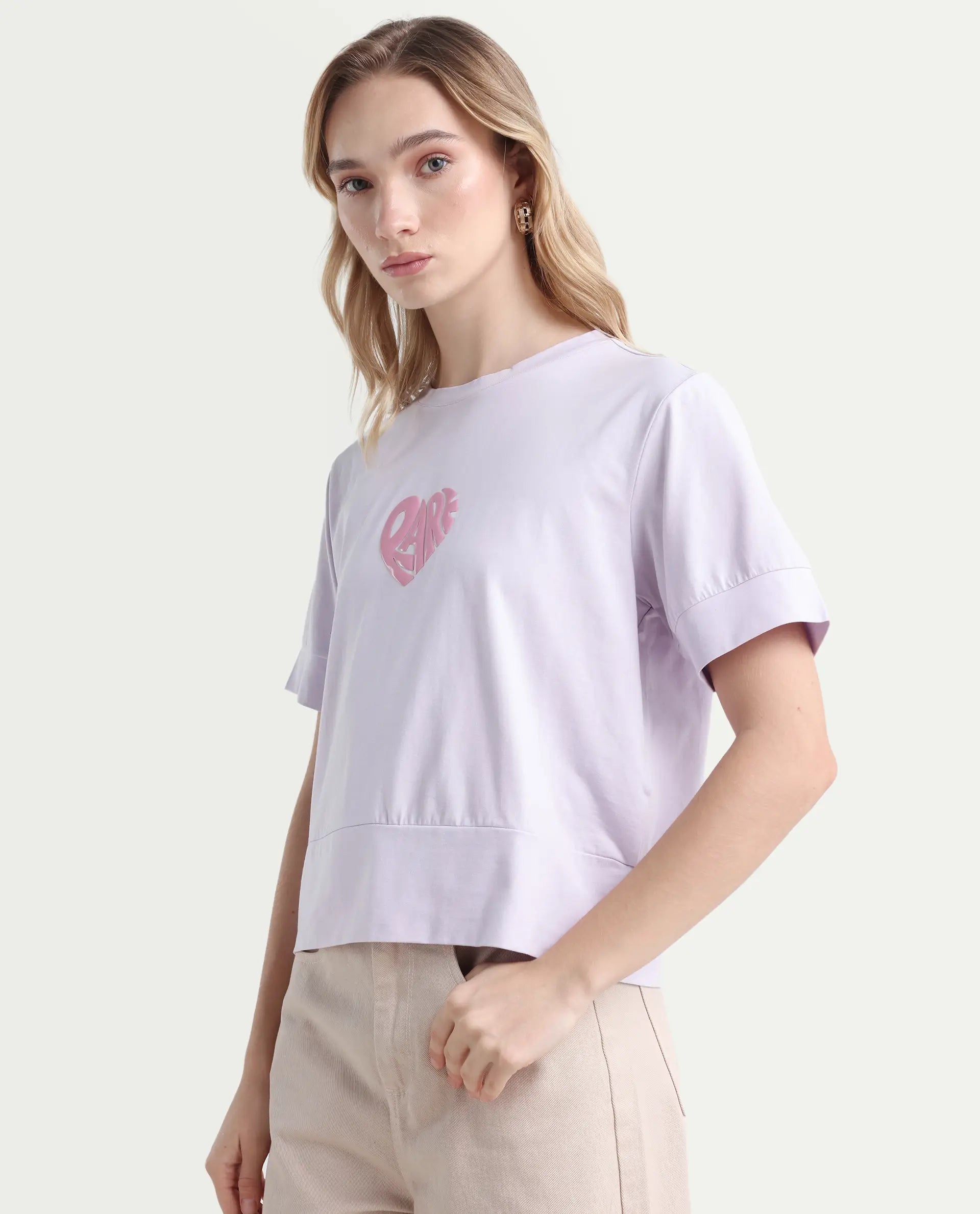 Rareism Women's Runo Pastel Purple Cotton Blend Crew Neck Graphic Print Regular Fit T-Shirt