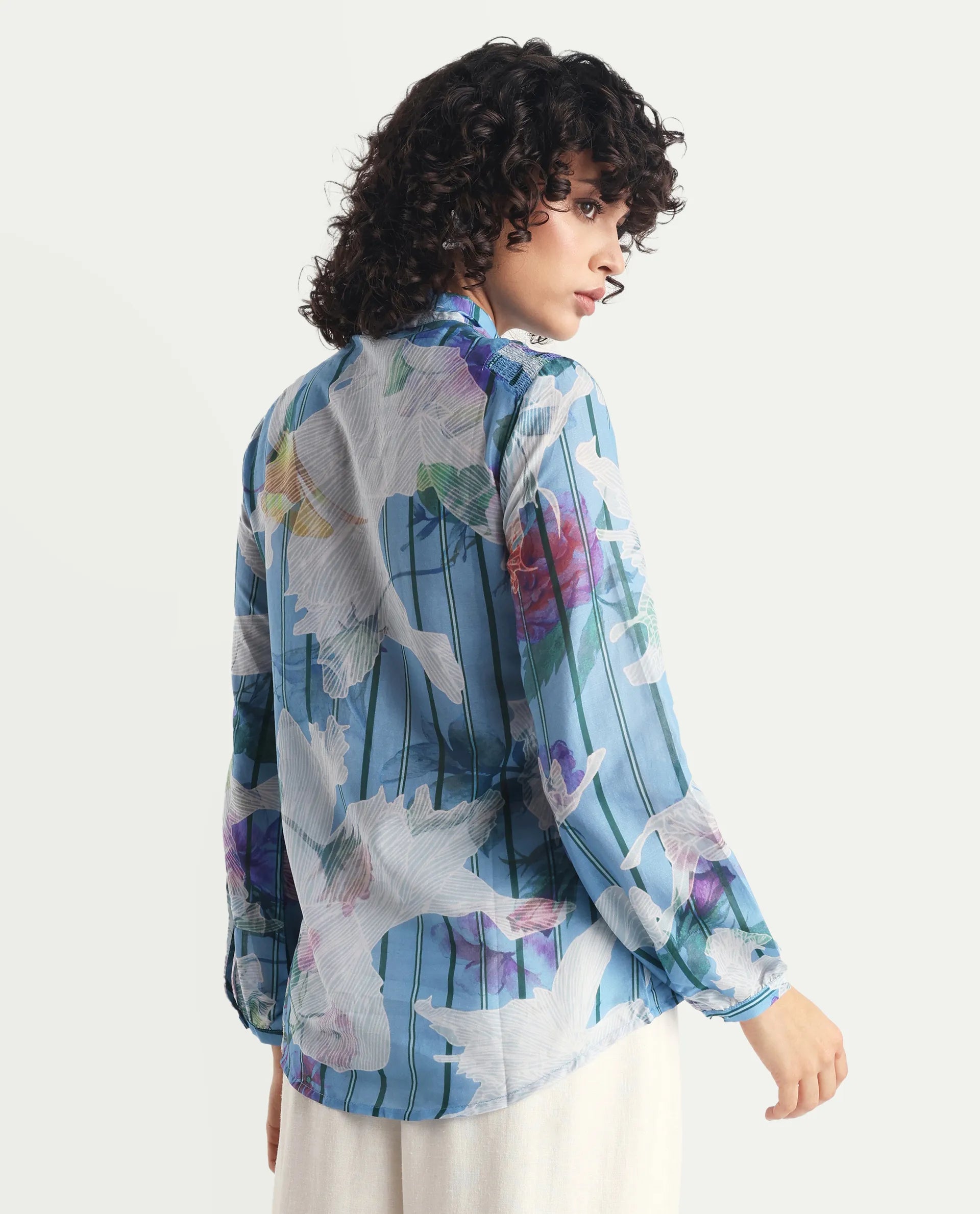 Rareism Women's Rush Blue Cotton Tie-Up Neck Floral Print Cuffed Sleeve Regular Fit Top