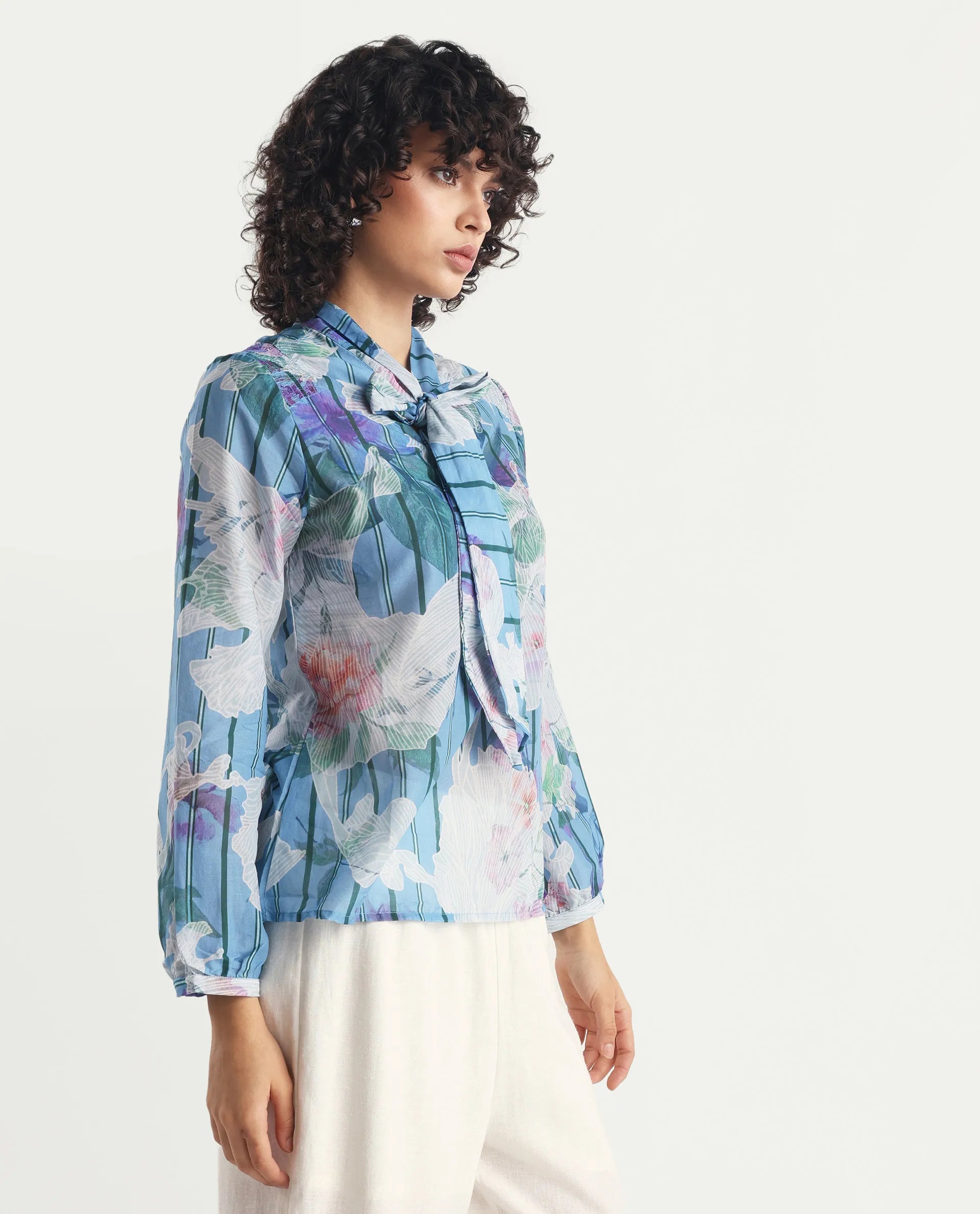 Rareism Women's Rush Blue Cotton Tie-Up Neck Floral Print Cuffed Sleeve Regular Fit Top