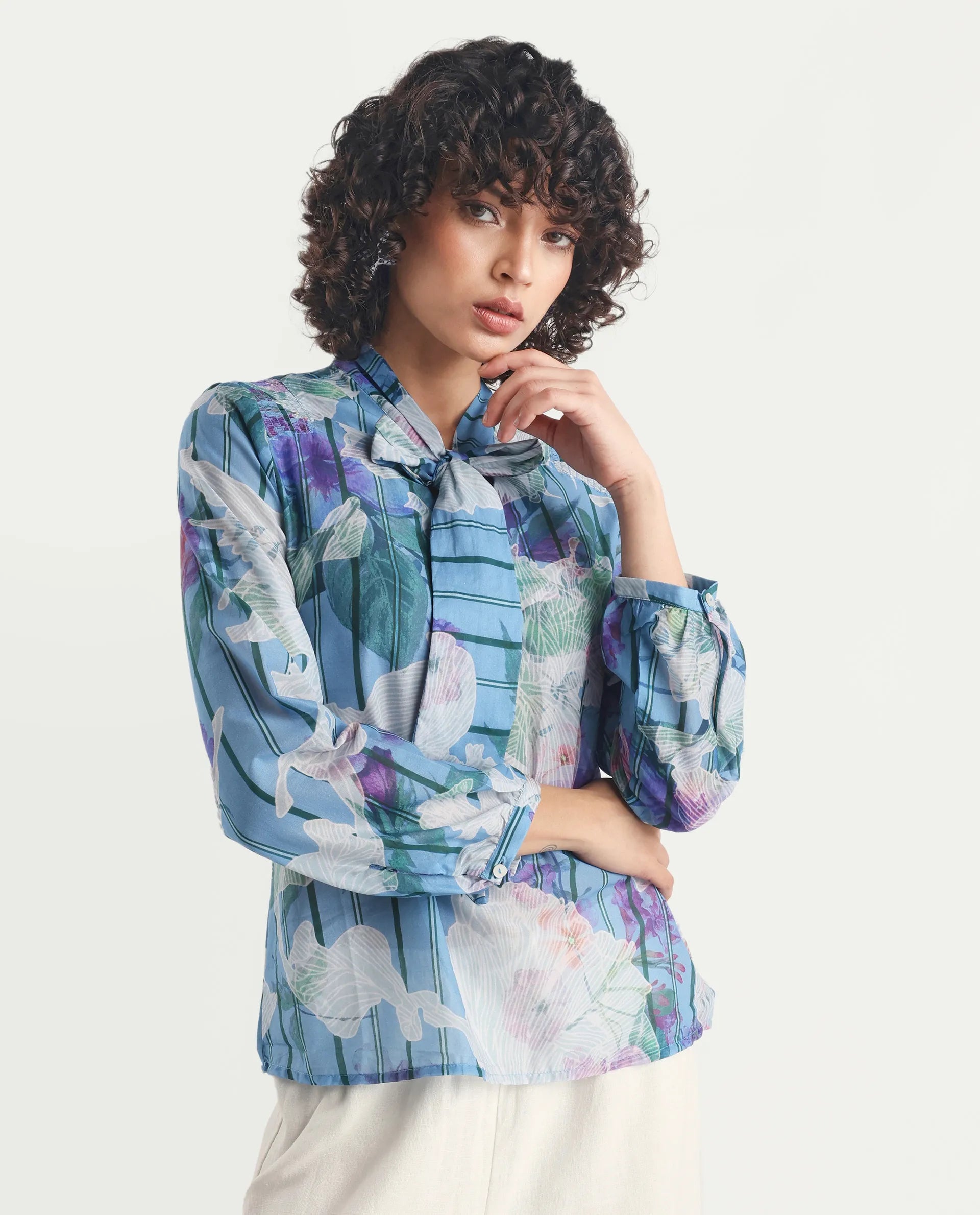 Rareism Women's Rush Blue Cotton Tie-Up Neck Floral Print Cuffed Sleeve Regular Fit Top