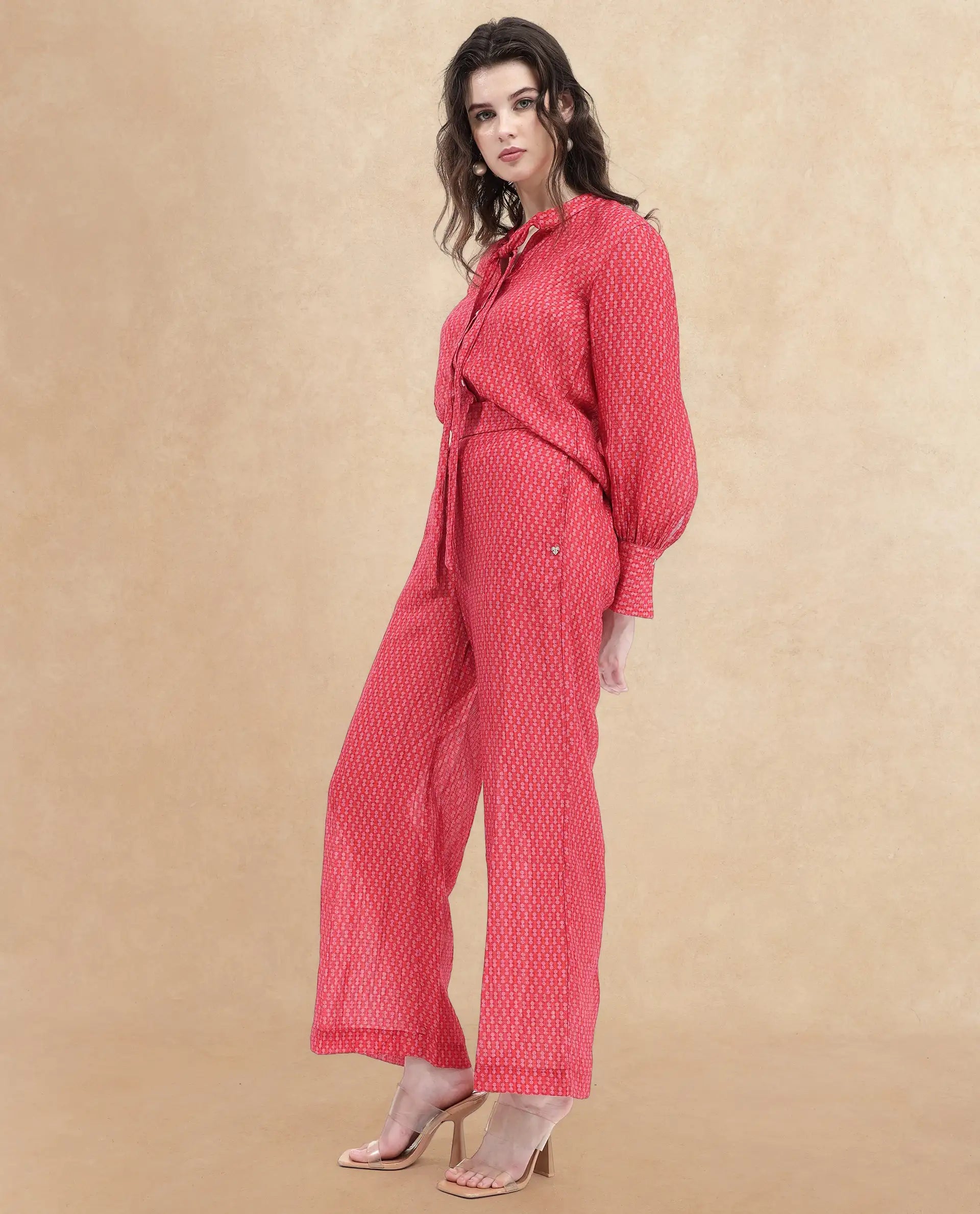 Rareism Women's Rusha-B Red Rayon Geometric Print Ankle Length Wide Trouser