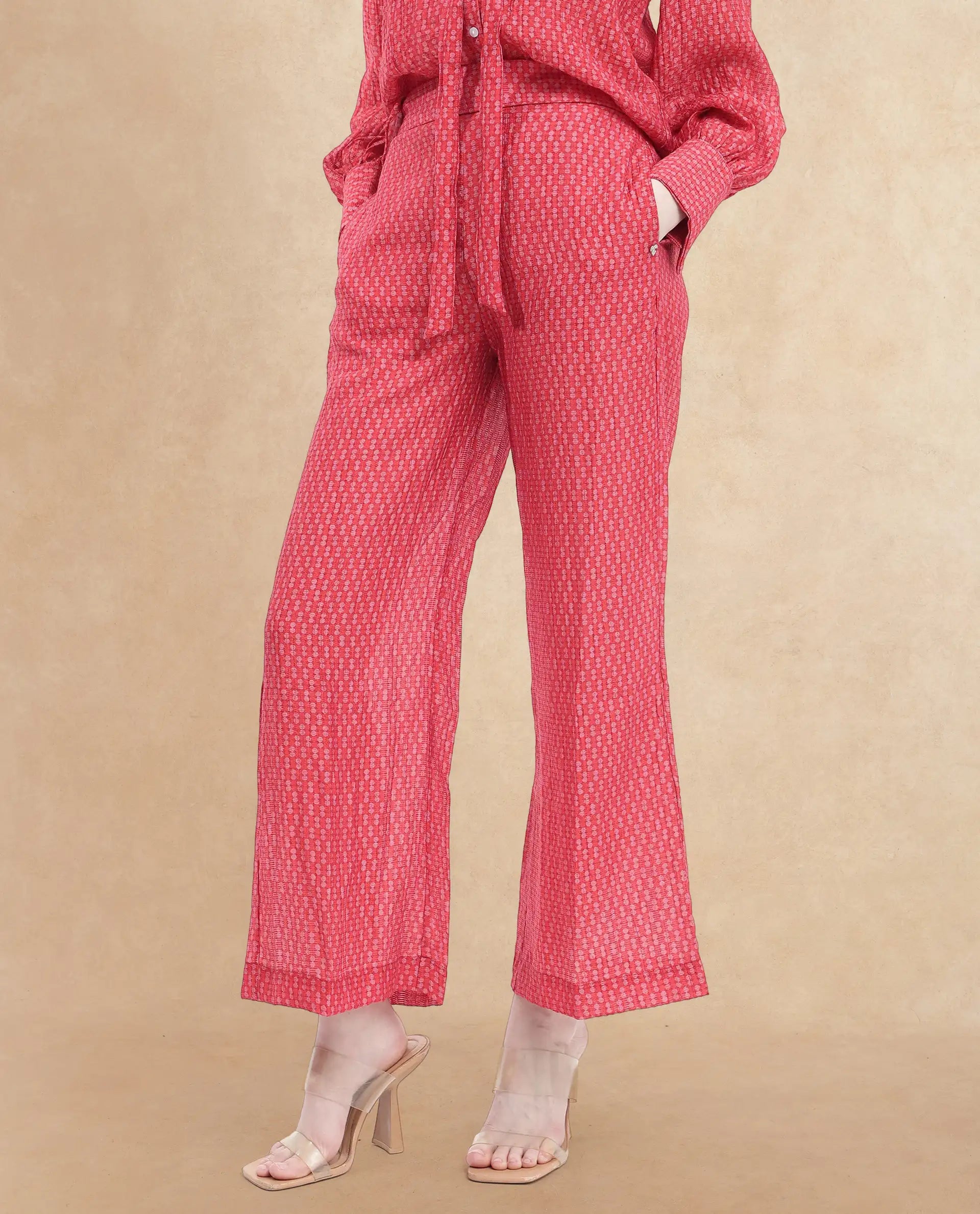 Rareism Women's Rusha-B Red Rayon Geometric Print Ankle Length Wide Trouser