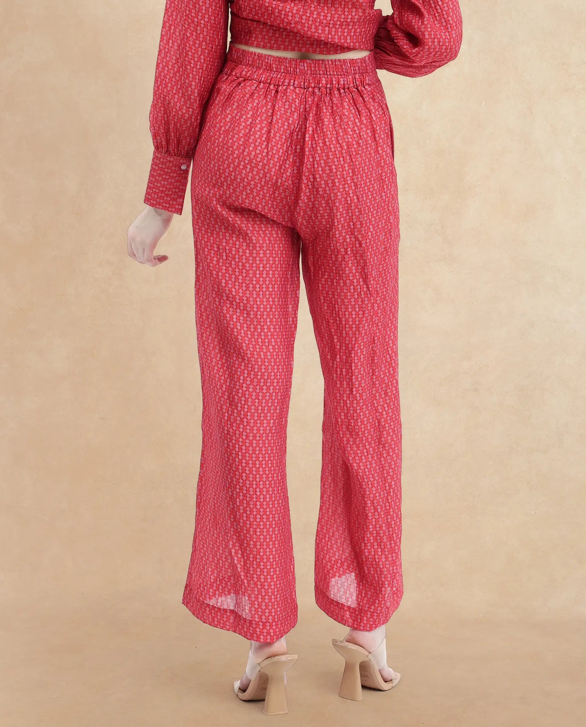 Rareism Women's Rusha-B Red Rayon Geometric Print Ankle Length Wide Trouser